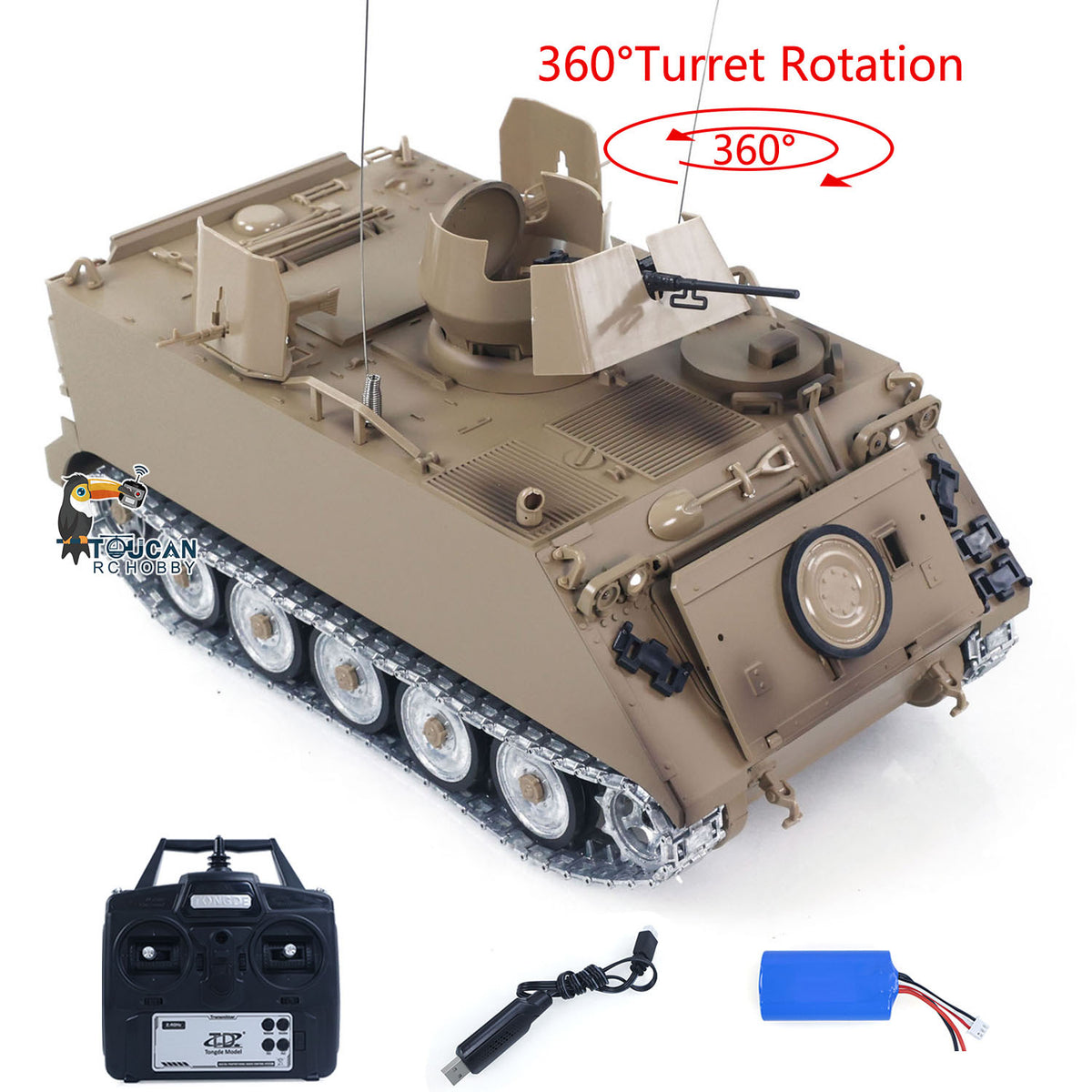 TOUCAN RC HOBBY Tongde Metal 1/16 RC Tank M113A1 Pro Edition Remote Control Electronic 360 Turret Rotation Infrared Combat System Smoke Unit Light Sound Adjustable Tracks Metal Wheels Gearboxes Battery