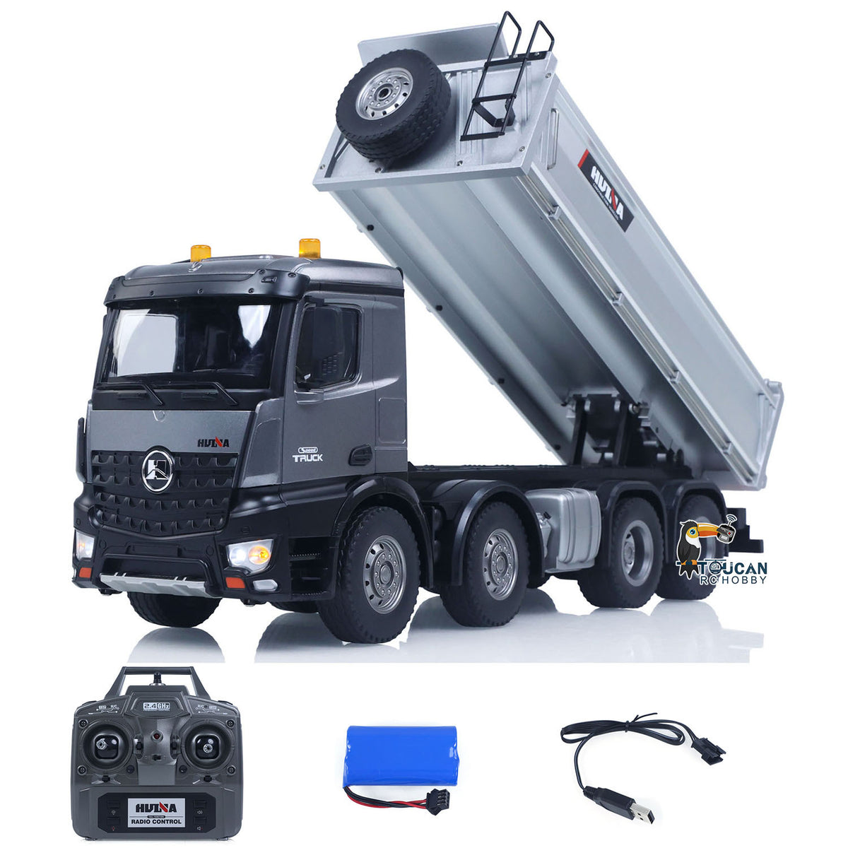 TOUCAN RC HOBBY HUINA 1/14 Remote Control Dump Truck 12CH RC Tipper Finished Model RTR Light Sound Effects Radio USB Charging Cable