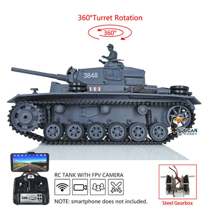 TOUCAN RC HOBBY Heng Long 1/16 Plastic 7.0 3848 3849 Panzer III H L RC Tank FPV 360 Degree Turret Infrared System BB Smoke Steel Driving Gearbox Metal Barrel