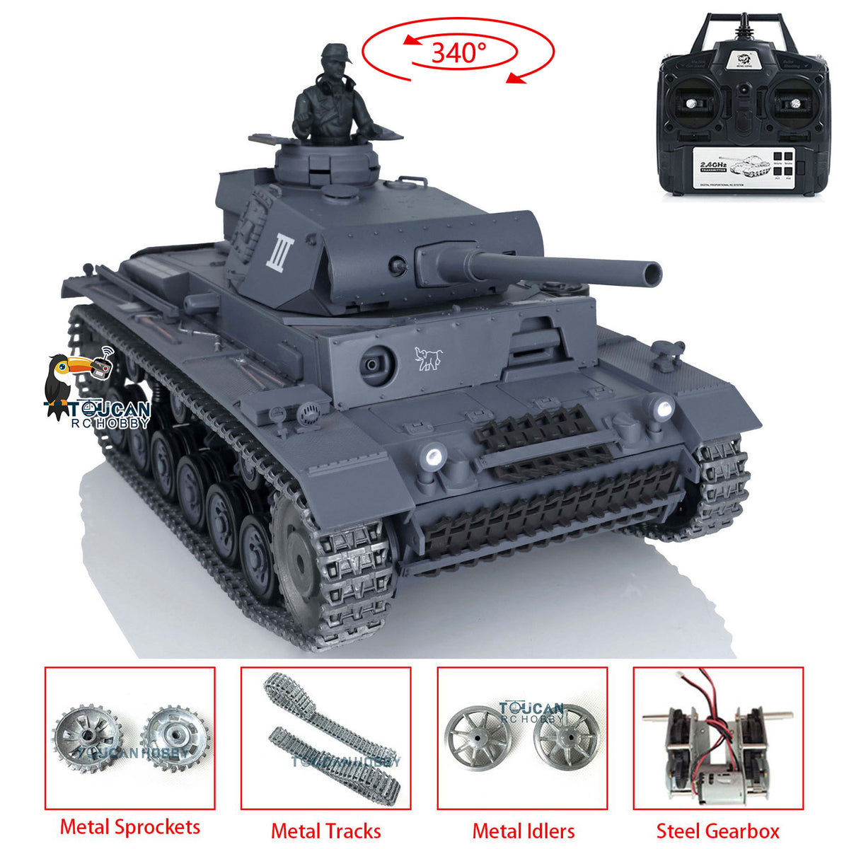 TOUCAN RC HOBBY US Stock 1/16 7.0 Heng Long Upgraded German Panzer III L RTR RC Tank Model 3848 Metal Tracks 340 Degree Turret Steel Gearbox Sound Smoke