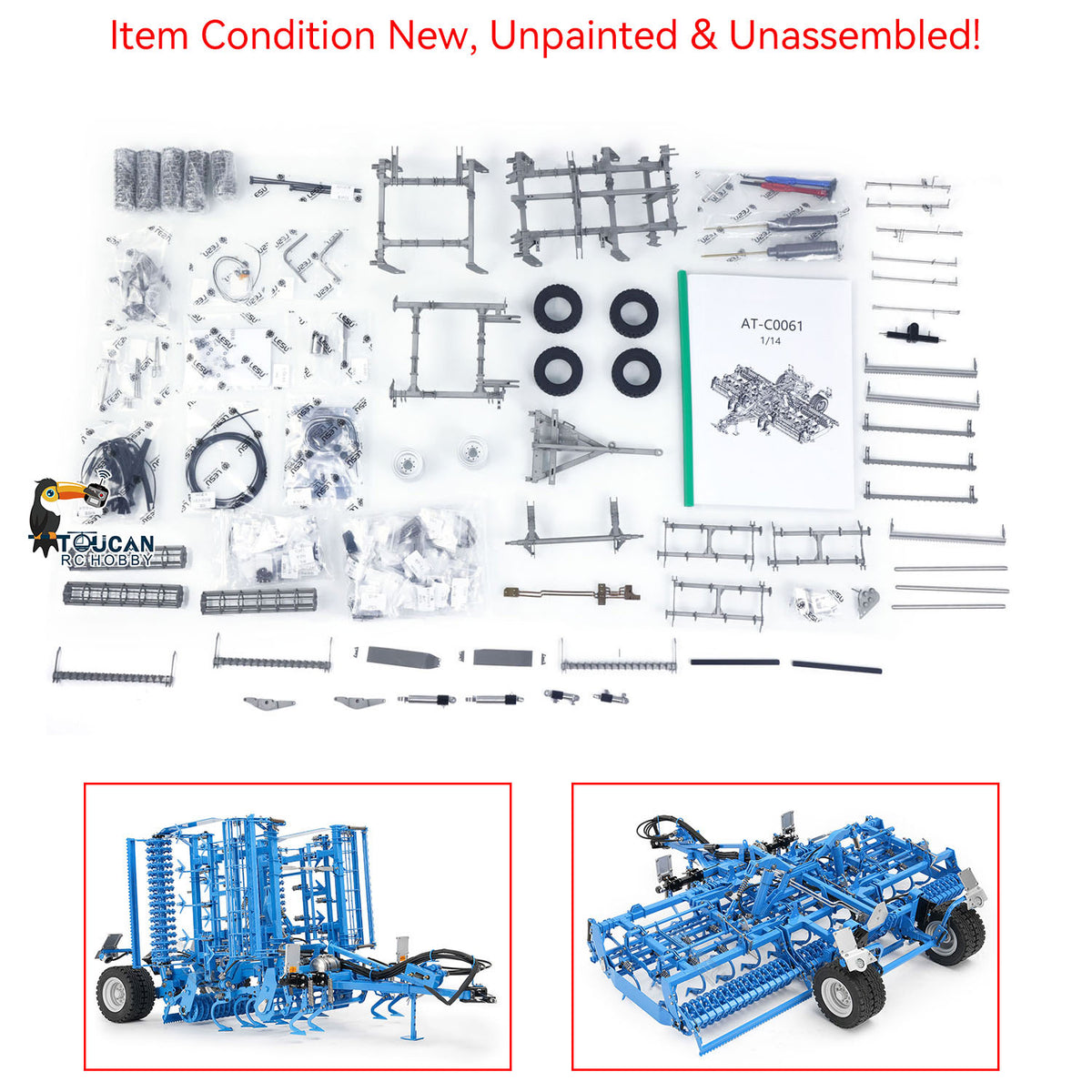 TOUCAN RC HOBBY LESU Metal 1/14 RC Tractor Truck AOUE 1050 4x4 Hydraulic Farm vehicle K500 Seedbed Pre-sowing Soil Preparation Planter Plough Light Sound
