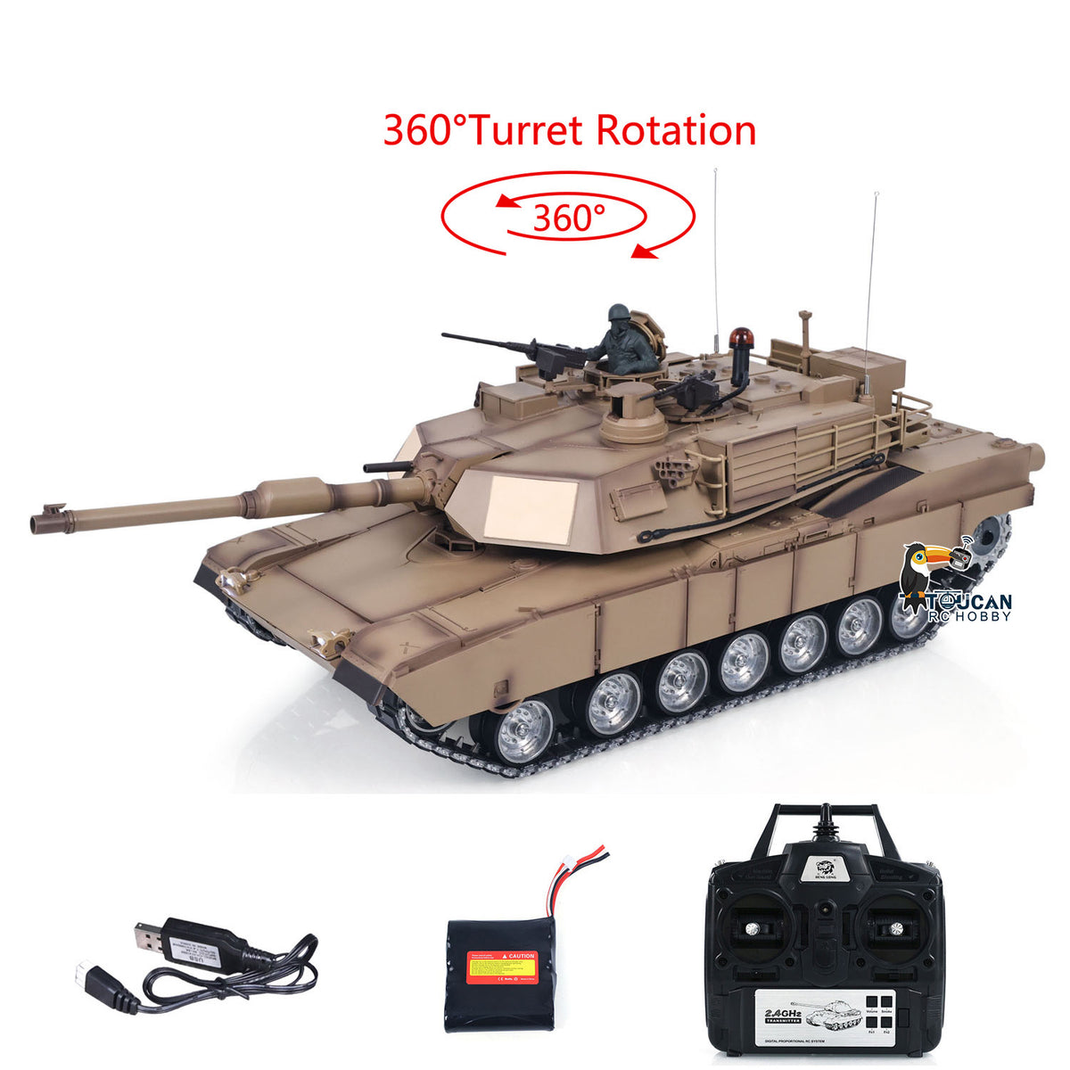 TOUCAN RC HOBBY Heng Long 1/16 RC Main Battle Tank Abrams M1A2 Metal Chassis Wheels Steel Gearbox Turret 360 Rotation Barrel Recoil Elevation Battery