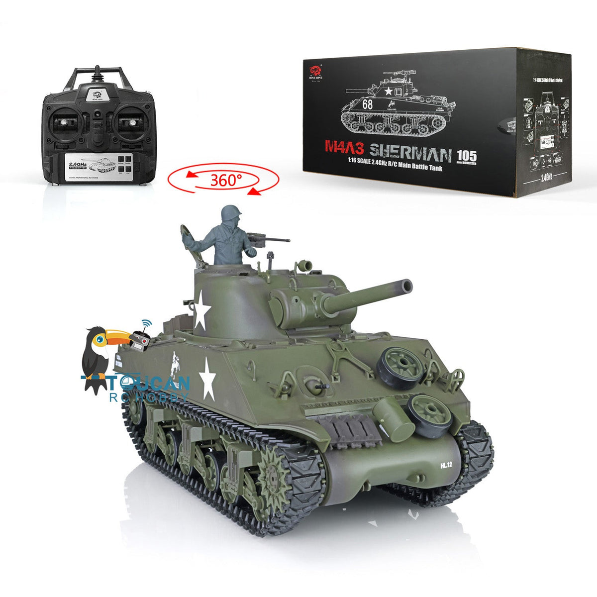 TOUCAN RC HOBBY Heng Long 1/16 2.4G TK7.0 Plastic USA M4A3 Sherman 3898 RTR RC Tank 360 Degrees Turret Infrared Combat BB Smoke Metal Barrel