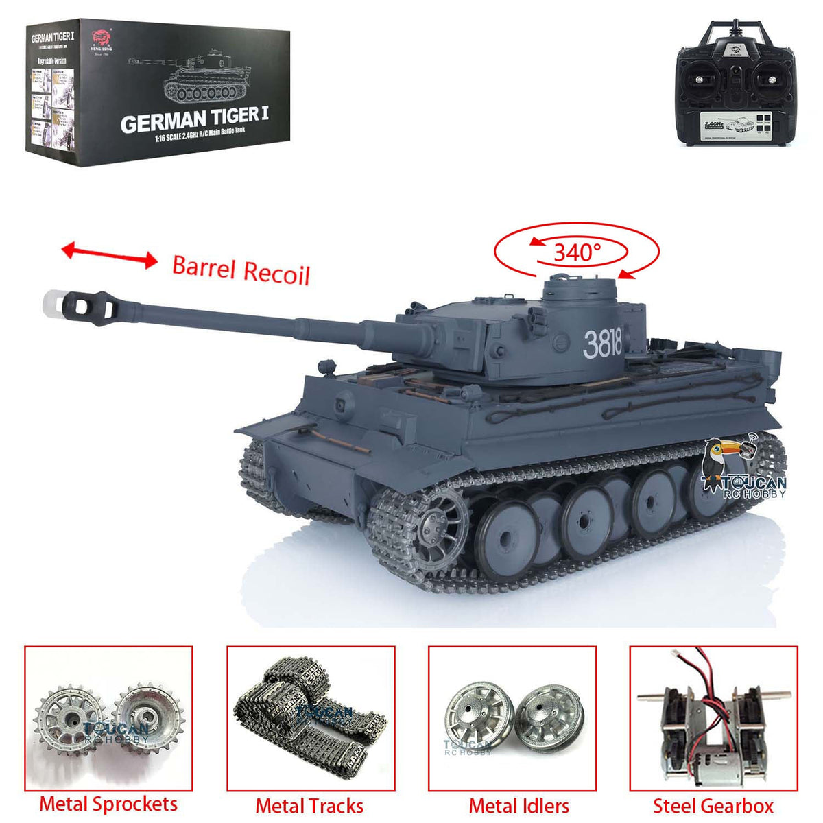 TOUCAN RC HOBBY Heng Long 1/16 TK7.0 Promotion German Tiger I 3818 RTR RC Tank Barrel Recoil BB IR Smoke Metal Tracks Sprockets Idlers Wheels
