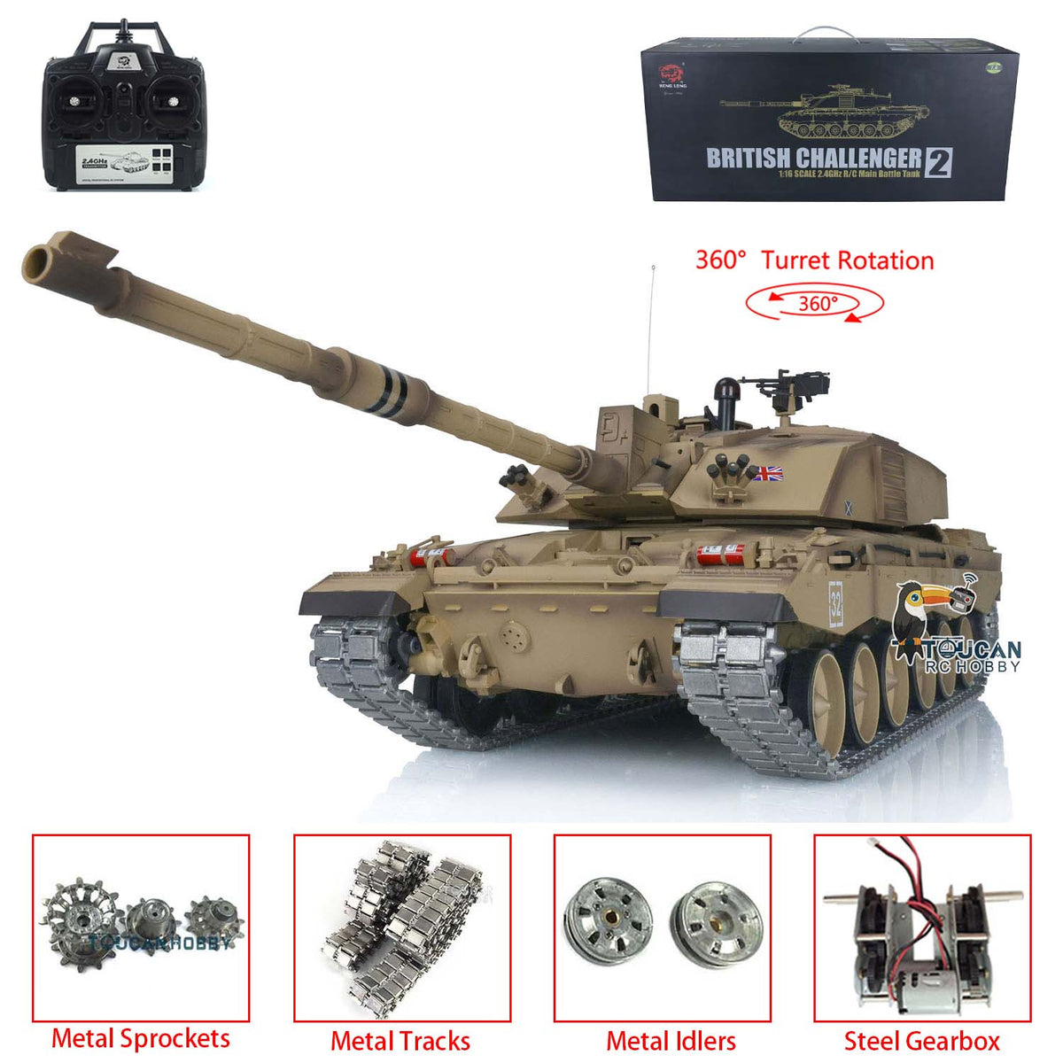 TOUCAN RC HOBBY Heng Long 1/16 TK7.0 Promotion British Challenger II 3908 RTR RC Tank 360 Degrees Turret BB IR Smoke Sound Light Metal Sprockets Idlers Wheels