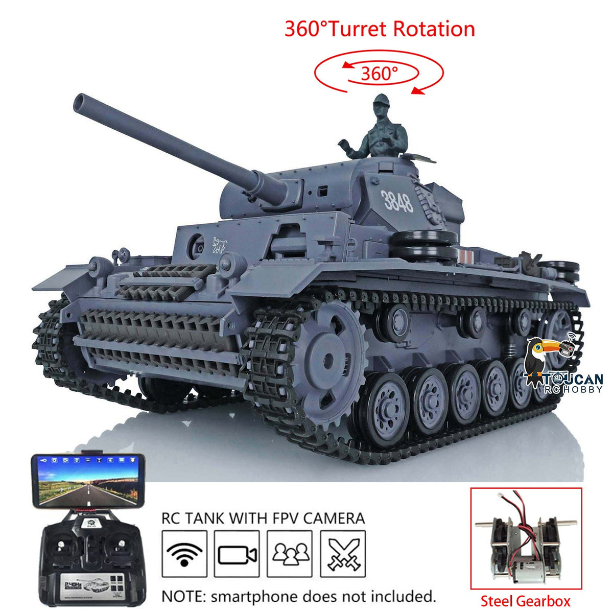 TOUCAN RC HOBBY Heng Long 1/16 Plastic 7.0 3848 3849 Panzer III H L RC Tank FPV 360 Degree Turret Infrared System BB Smoke Steel Driving Gearbox Metal Barrel