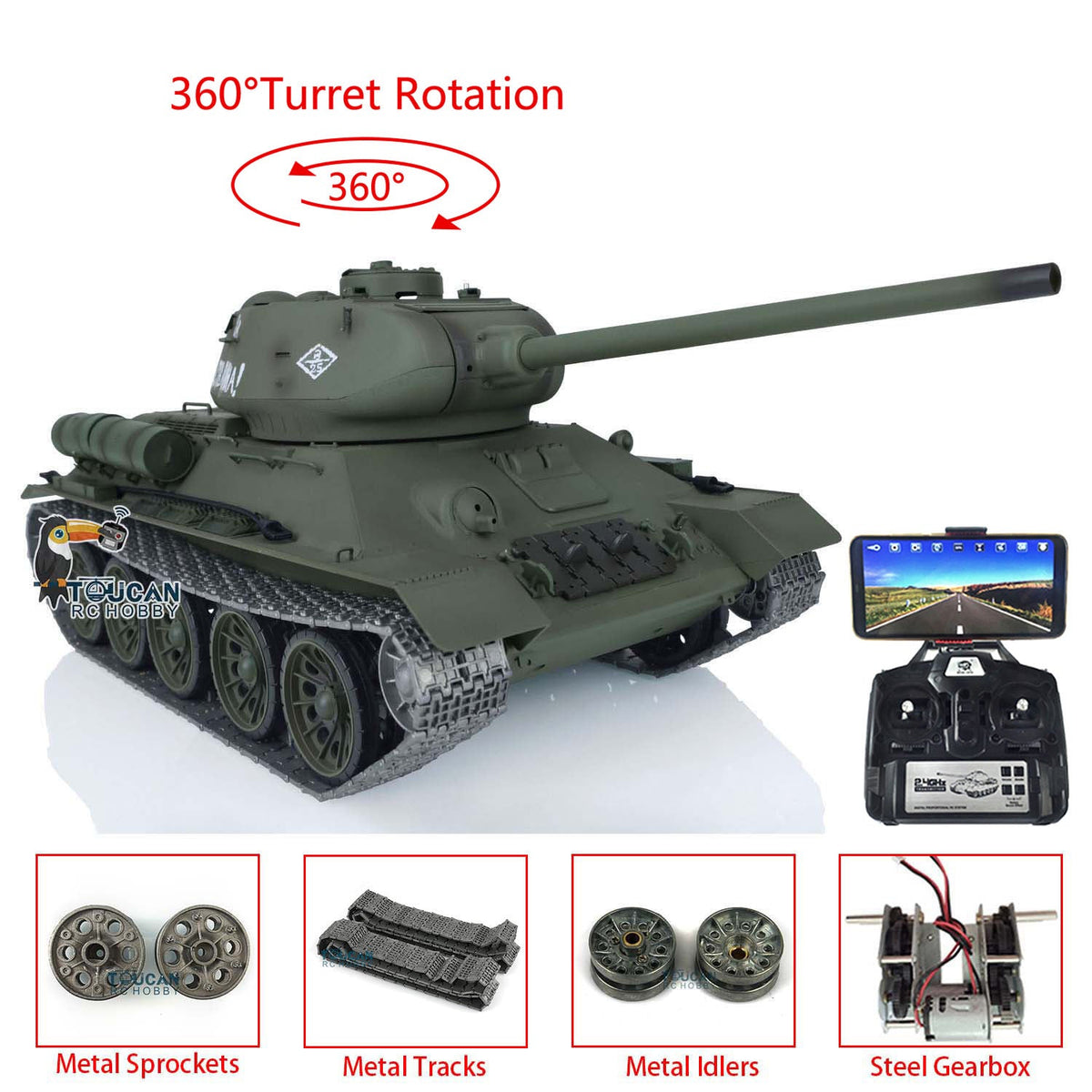 TOUCAN RC HOBBY Heng Long 1/16 TK7.0 Promotion Soviet T34-85 RTR RC Tank 3909 with 360 Degrees Turret BB Infrared Combat Smoke Metal Sprockets Idlers Wheels