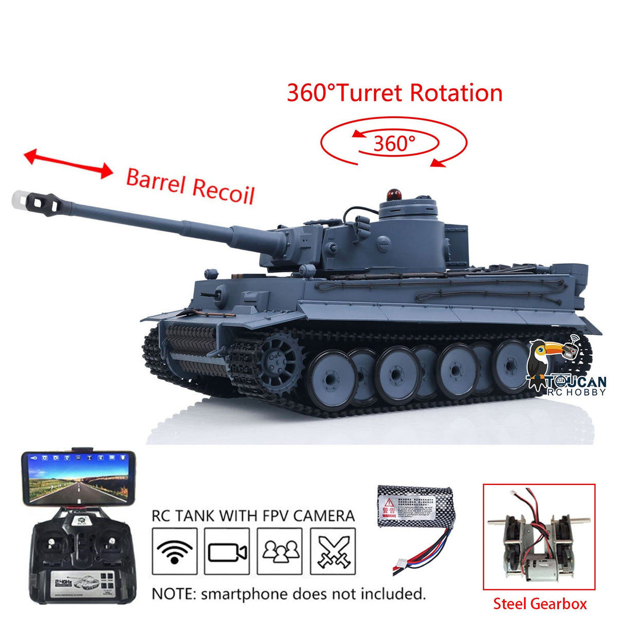 TOUCAN RC HOBBY Heng Long 1/16 TK7.0 Plastic German Tiger I RTR RC Tank 3818 with Steel Gearbox Metal Barrel Recoil 360 Degrees Turret BB Unit Infrared Combat