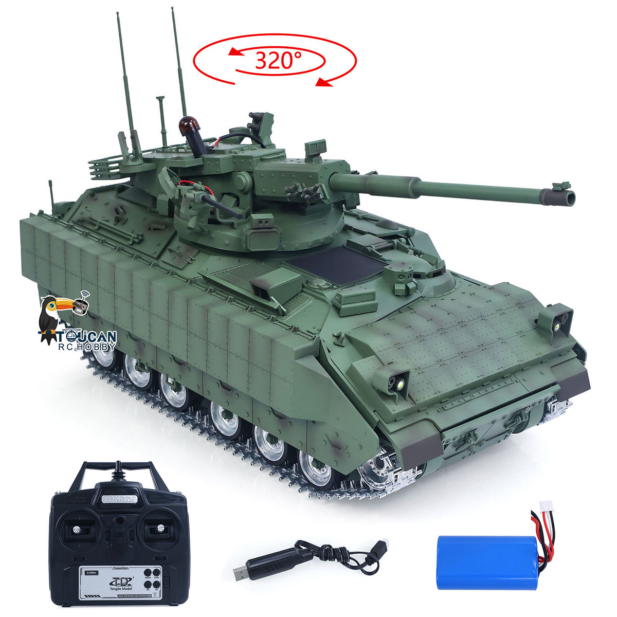 TOUCAN RC HOBBY Tongde 1/16 Remote Control Tank Model M2128 Bradley Infrared System 320 Degree Rotation Turret Light Sounds Battery Ready to Run