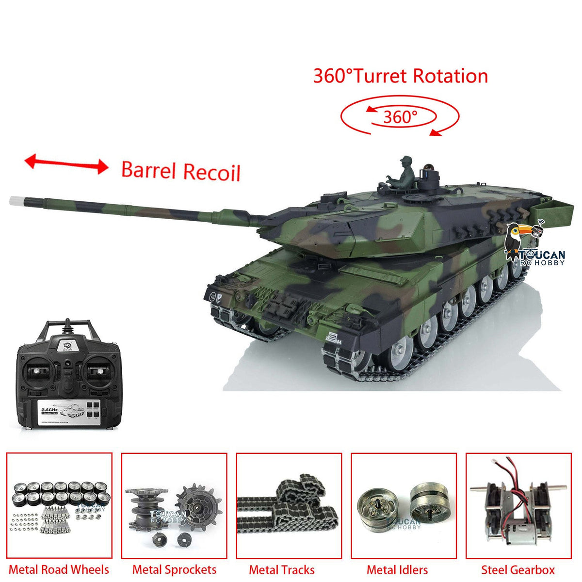 TOUCAN RC HOBBY Heng Long 1/16 TK7.0 3889 Leopard2A6 RTR RC Tank 360 Degrees Turret Barrel Recoil Smoke BB IR Metal Single Rubber Tracks Sprockets Idlers Wheels Gearbox