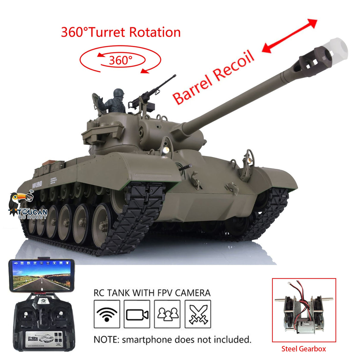 TOUCAN RC HOBBY Heng Long 1/16 Plastic TK7.0 3838 M26 RTR RC Tank Steel Gearbox FPV 360 Degrees Turret Infrared System Smoke BB Unit Sounds Lights