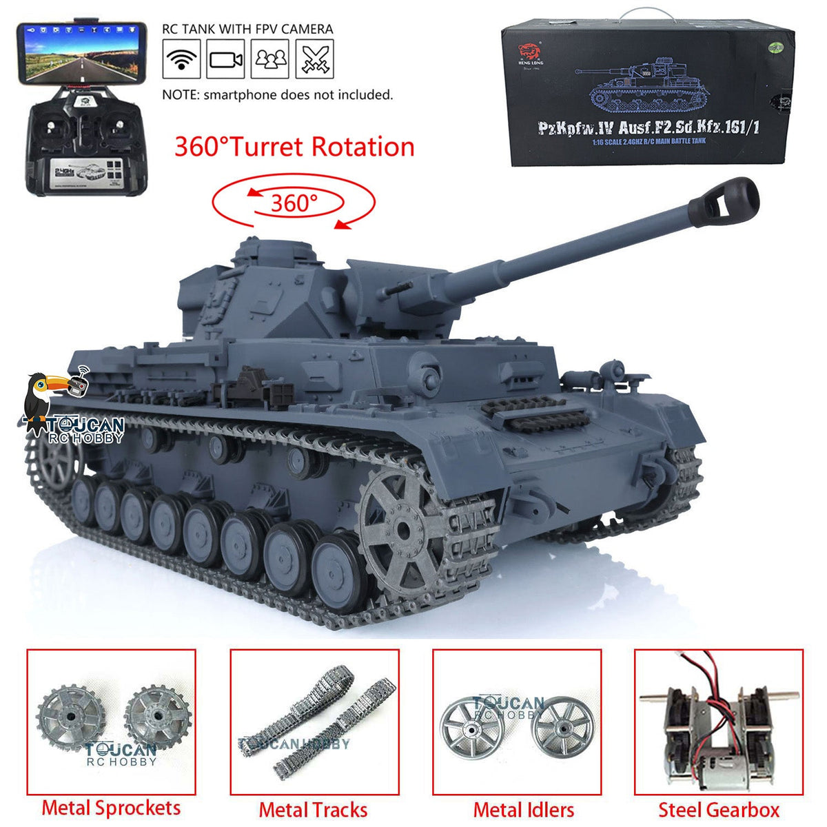 TOUCAN RC HOBBY Heng Long 1/16 TK7.0 Promotion German Panzer IV F2 3859 RTR RC Tank 360 Degrees Turret Smoke Infrared Combat BB Metal Barrel Tracks Sprockets Idlers Wheels