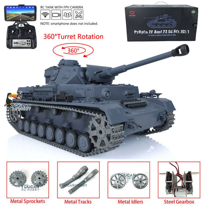 TOUCAN RC HOBBY Heng Long 1/16 TK7.0 Promotion German Panzer IV F2 3859 RTR RC Tank 360 Degrees Turret Smoke Infrared Combat BB Metal Barrel Tracks Sprockets Idlers Wheels
