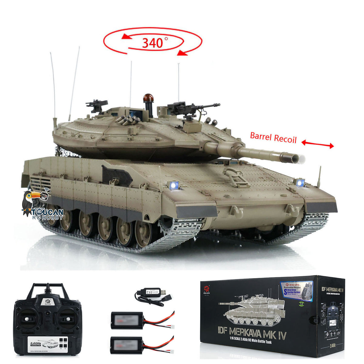 TOUCAN RC HOBBY 1/16 RC Tank Heng Long Merkava MK IV 3958 Remote Control Battle Tank Upgraded Metal Sprockets Smoke BB Shooting Dual Battery
