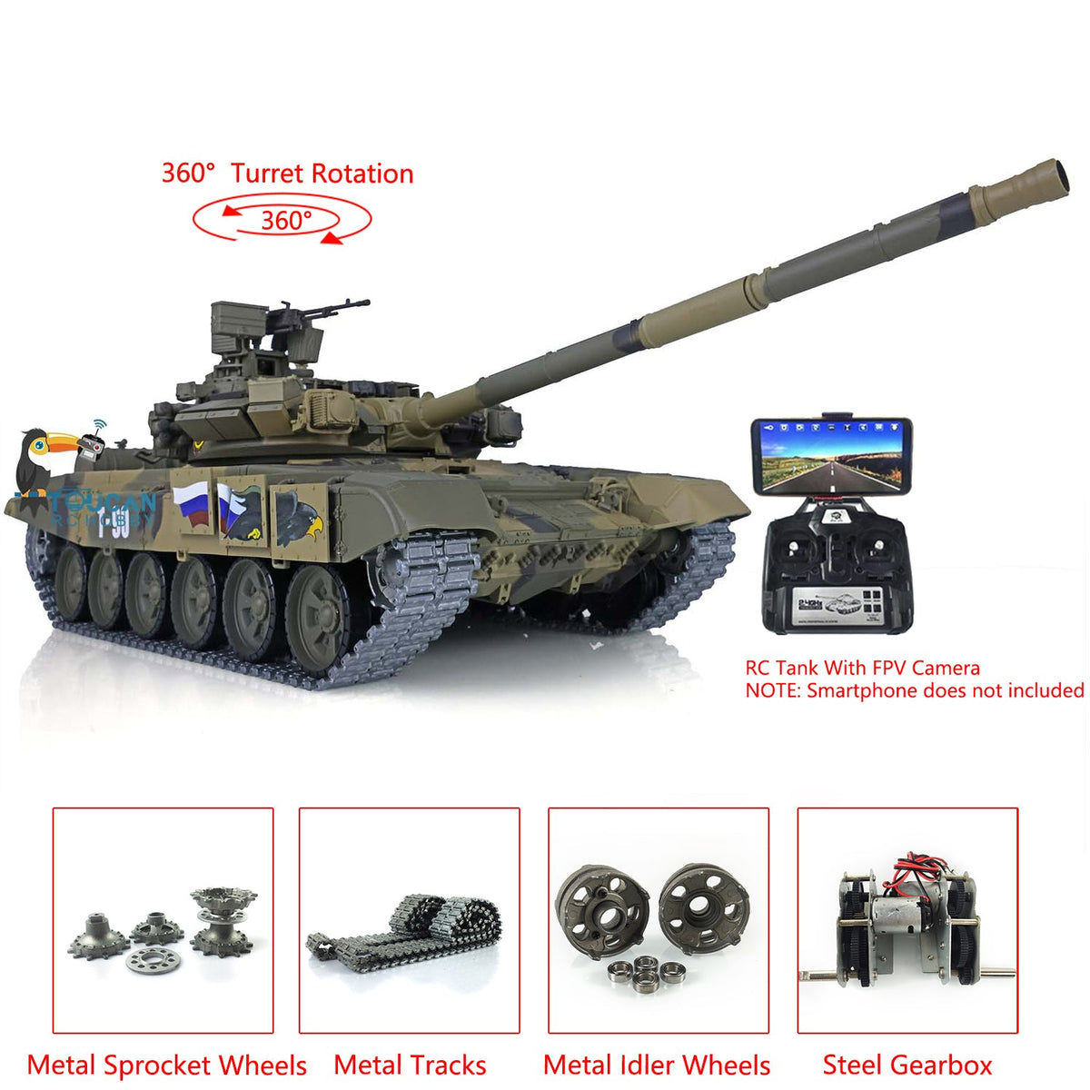 TOUCAN RC HOBBY Heng Long 1/16 TK7.0 Plastic Russian T90 RTR RC Tank 3938 with Steel Gearbox Metal Barrel Recoil 360 Degrees Turret BB Unit Infrared Combat