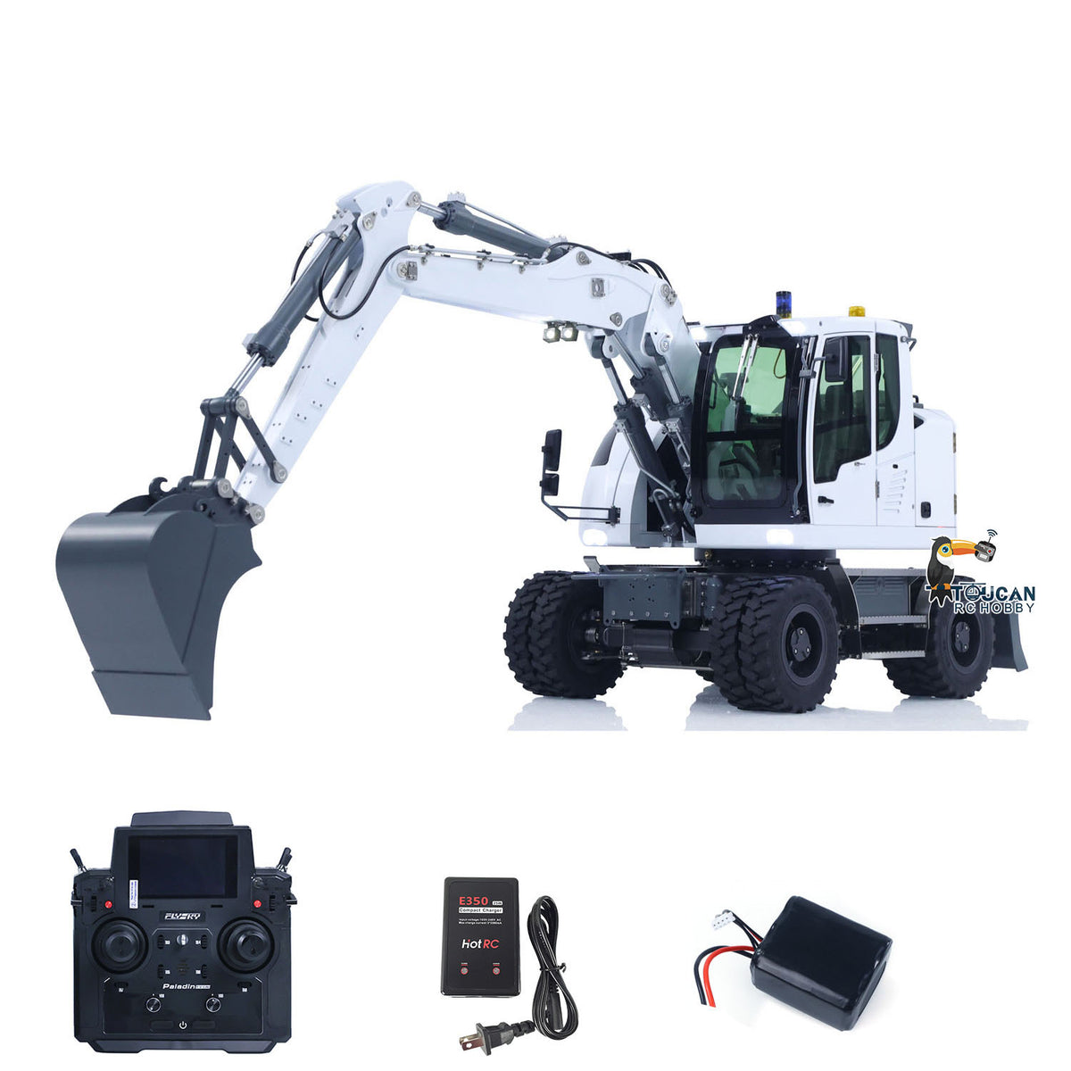 TOUCAN RC HOBBY CUT RC Hobby RC Hobby LR914 1/14 Metal RC Hydraulic Wheel Excavator RTR 7-Way Valve 4x4 Differential Lock Warning Light Sound Quick Release Coupler LCD Display for Digger Collectors