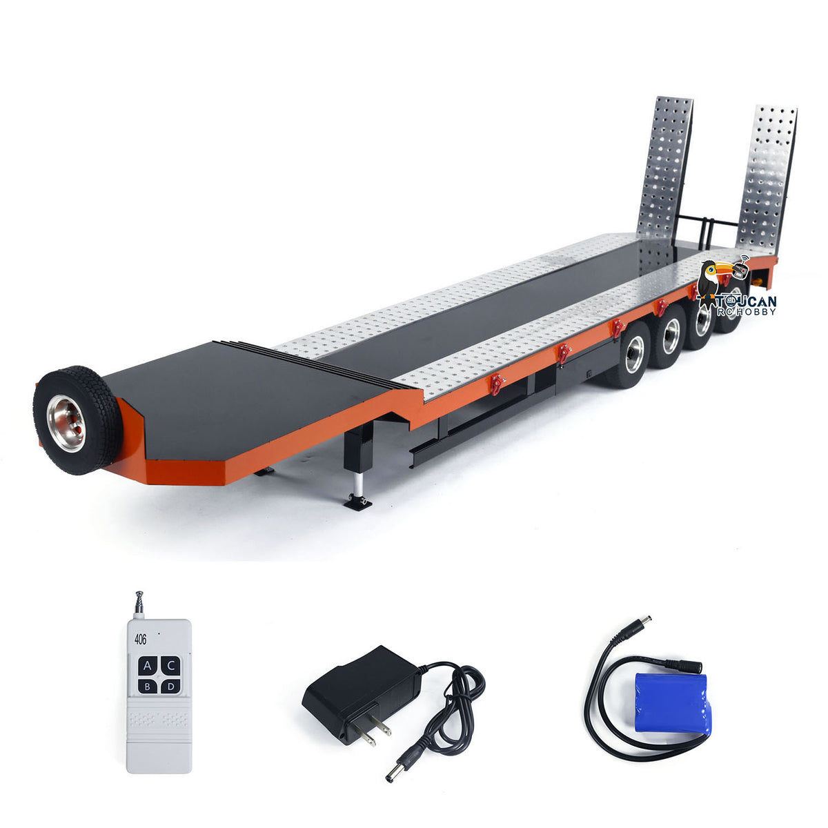 TOUCAN RC HOBBY HHG Model 1:14 4-axle Metal Trailer for RC Tractor Car Trucks Electric Tailgate Legs Painted Assembled DIY Model Battery