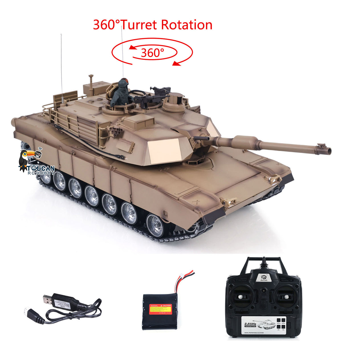 TOUCAN RC HOBBY Heng Long 1/16 RC Main Battle Tank Abrams M1A2 Metal Chassis Wheels Steel Gearbox Turret 360 Rotation Barrel Recoil Elevation Battery