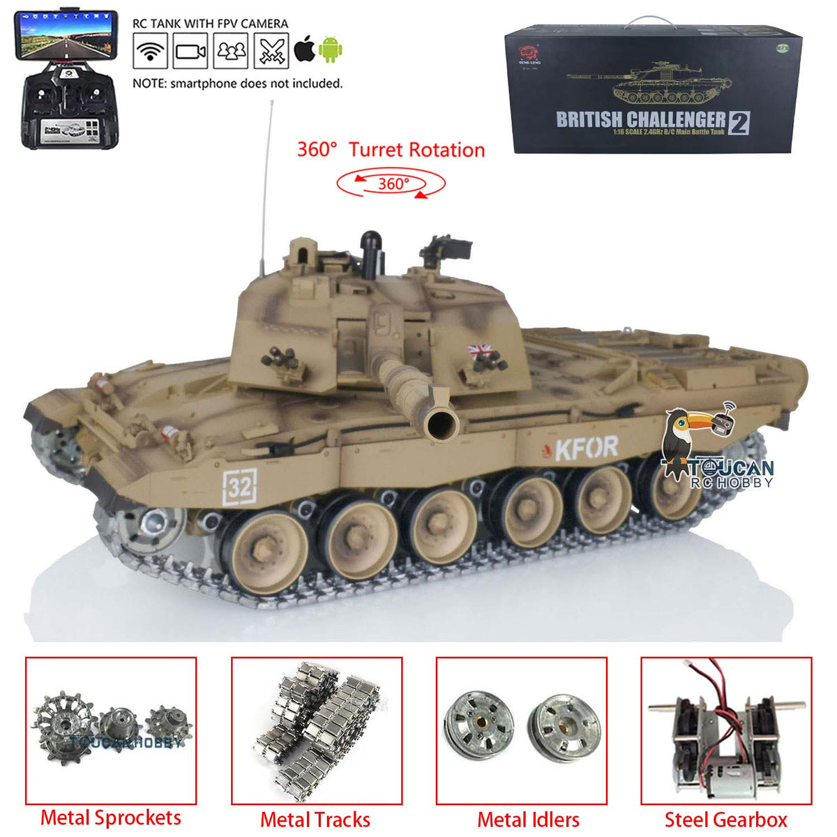 TOUCAN RC HOBBY Heng Long 1/16 TK7.0 Promotion British Challenger II 3908 RTR RC Tank 360 Degrees Turret BB IR Smoke Sound Light Metal Sprockets Idlers Wheels