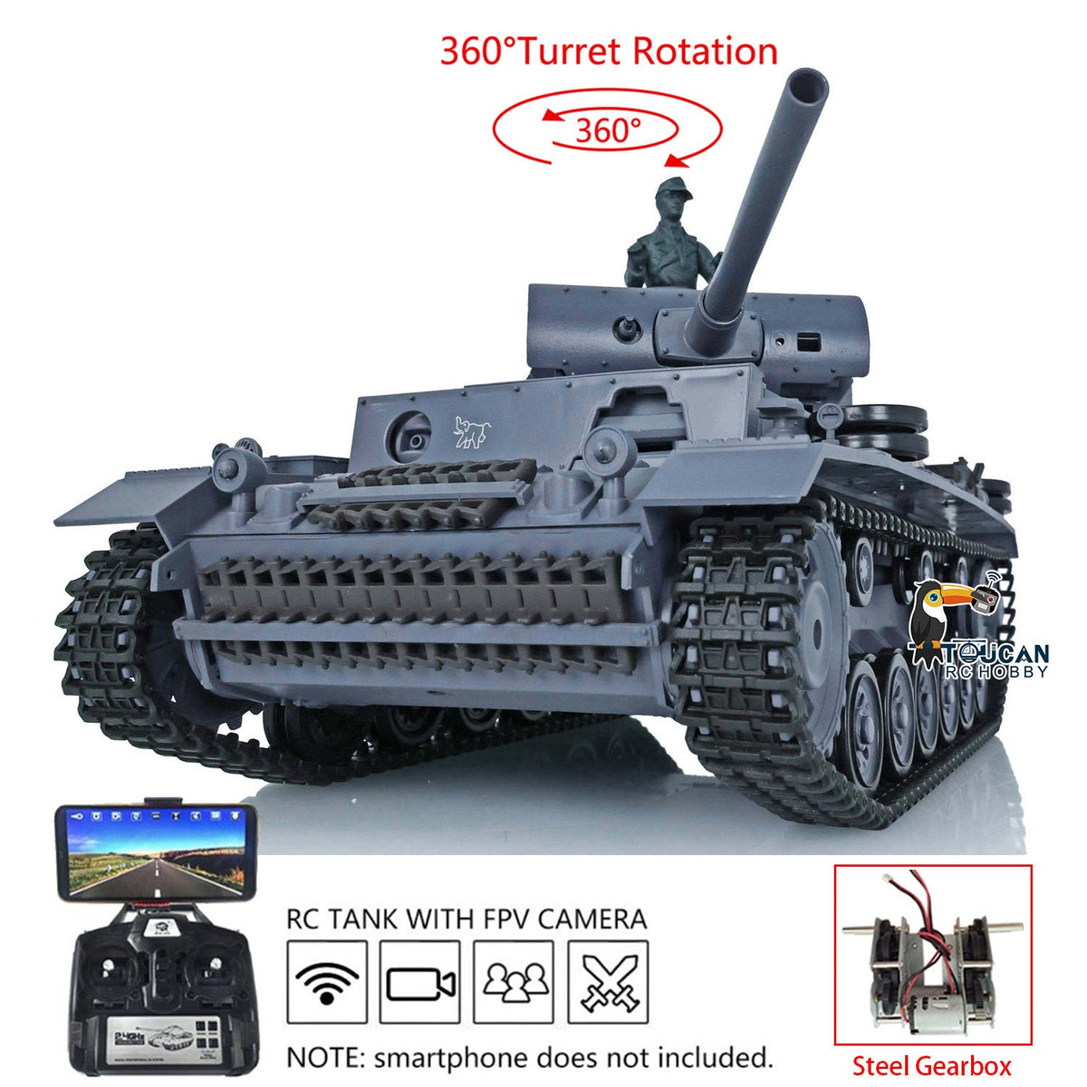 TOUCAN RC HOBBY Heng Long 1/16 Plastic 7.0 3848 3849 Panzer III H L RC Tank FPV 360 Degree Turret Infrared System BB Smoke Steel Driving Gearbox Metal Barrel