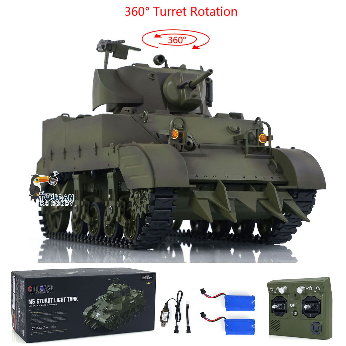 TOUCAN RC HOBBY Heng Long 1/16 RC Tank US M5A1 Stuart VI Remote Control RTR Light Tank 360 Smoking Radio System Barrel Recoil Light Flash Two Battery