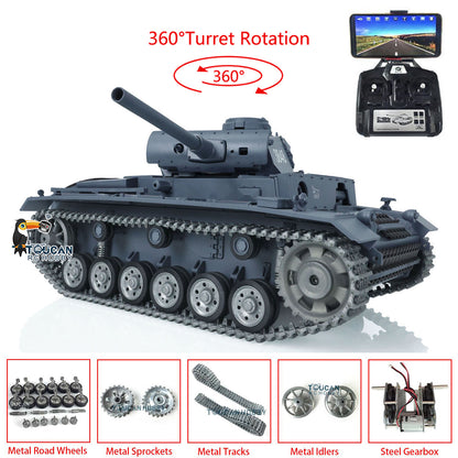 TOUCAN RC HOBBY Heng Long 1/16 RTR RC Tank 3848 7.0 Customized Panzer III L w/ 360Degrees Rotating Turret FPV Metal Tracks Road Wheels Smoking Gearbox
