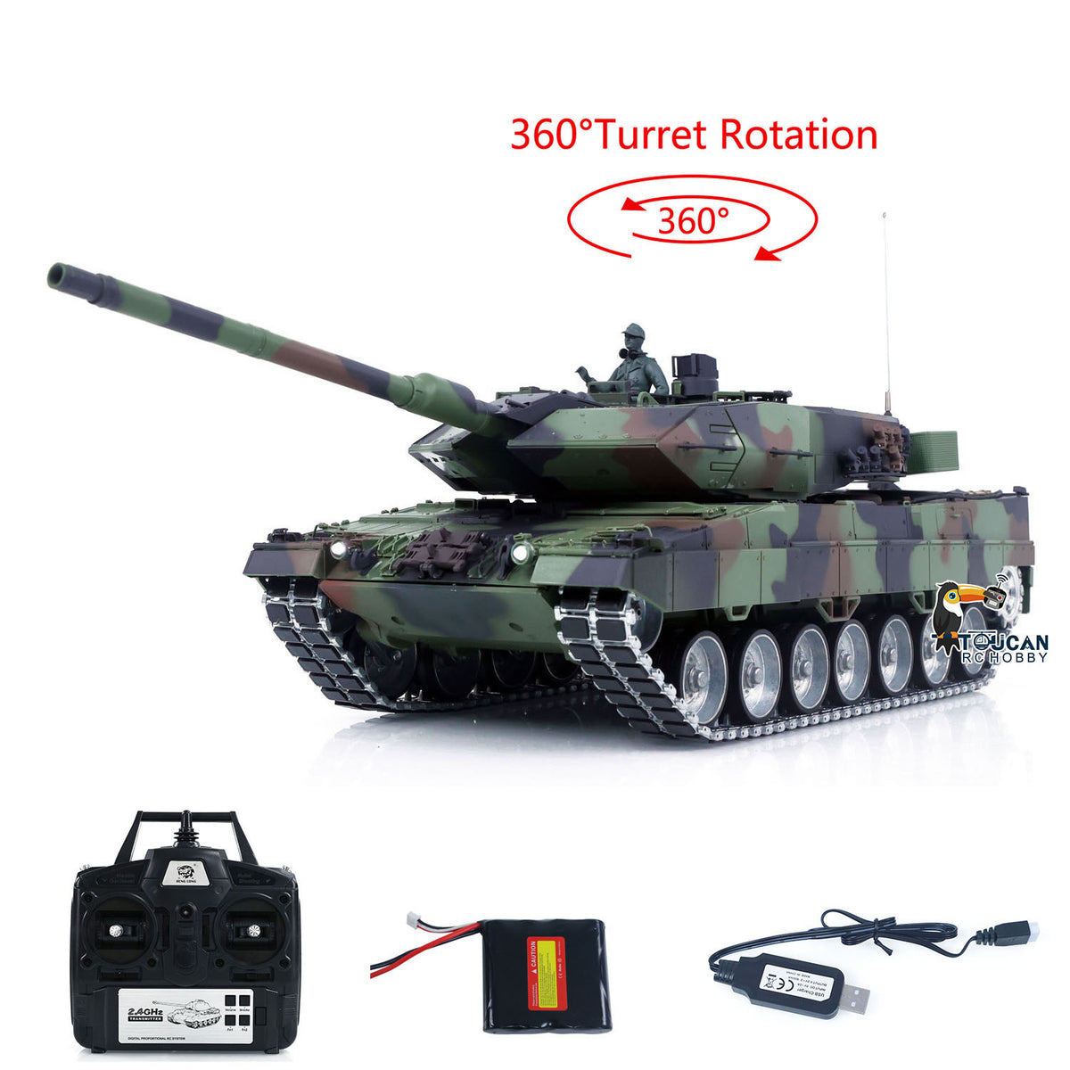 TOUCAN RC HOBBY Heng Long 1/16 Remote Control Tank Model 3889 Leopard 2 A6 7.0 Mainboard Full Metal Chassis Gearbox IR Barrel Recoil Elevation 550 Motor