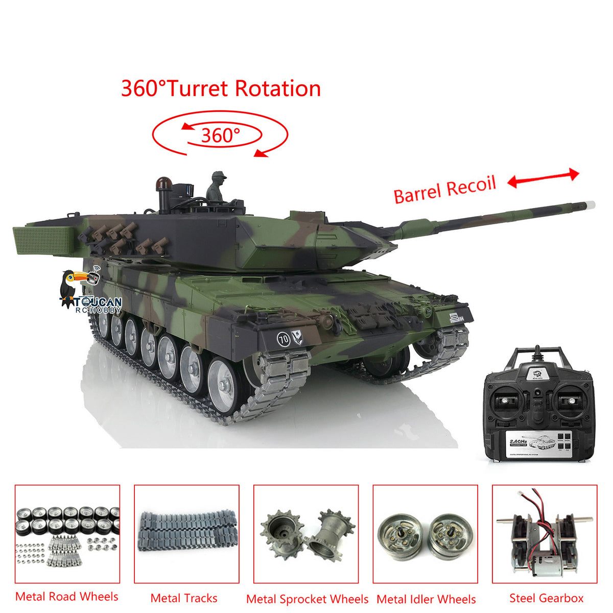 TOUCAN RC HOBBY Heng Long 1/16 7.0 Individueller Leopard 2A6 RC-Panzer 3889 mit Metallketten, Laufrollen, Rohrrucklauf, um 360 Grad drehbarem Turm und Motorsound