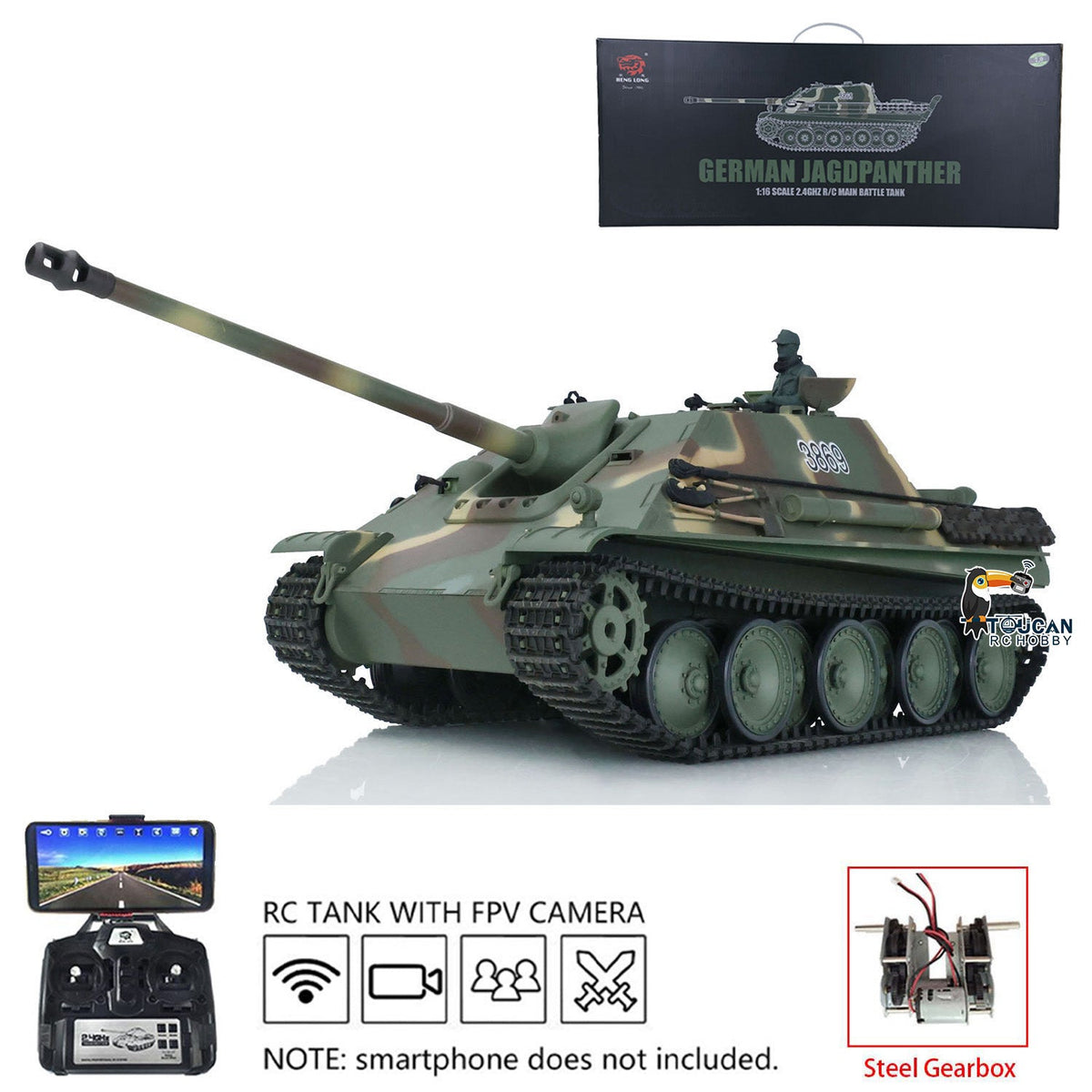 TOUCAN RC HOBBY Heng Long 1/16 TK7.0 Plastic German Jadpanther 3869 RTR RC Tank FPV Infrared Combat BB Unit Smoke Steel Gearbox Metal Barrel