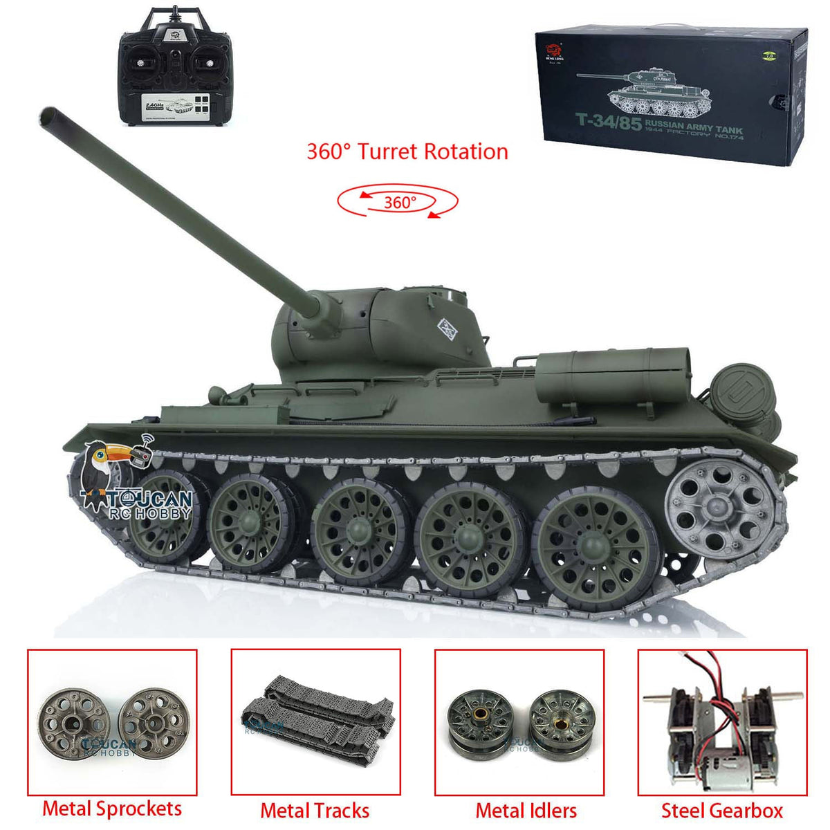 TOUCAN RC HOBBY Heng Long 1/16 TK7.0 Promotion Soviet T34-85 RTR RC Tank 3909 with 360 Degrees Turret BB Infrared Combat Smoke Metal Sprockets Idlers Wheels