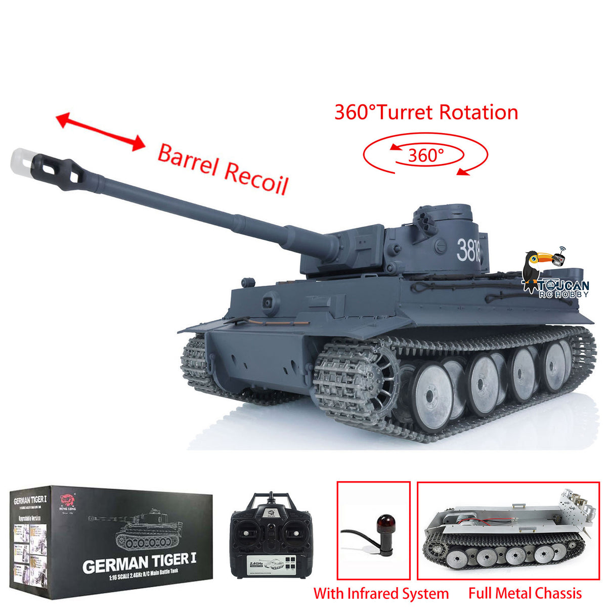 TOUCAN RC HOBBY Heng Long Factory 1/16 3818 German Tiger 1 Full Metal Chassis Plastic Upper Hull RTR RC Tank Speaker 360Degrees Turret Smoke Gearbox
