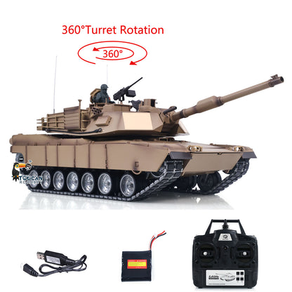 TOUCAN RC HOBBY Heng Long 1/16 RC Main Battle Tank Abrams M1A2 Metal Chassis Wheels Steel Gearbox Turret 360 Rotation Barrel Recoil Elevation Battery