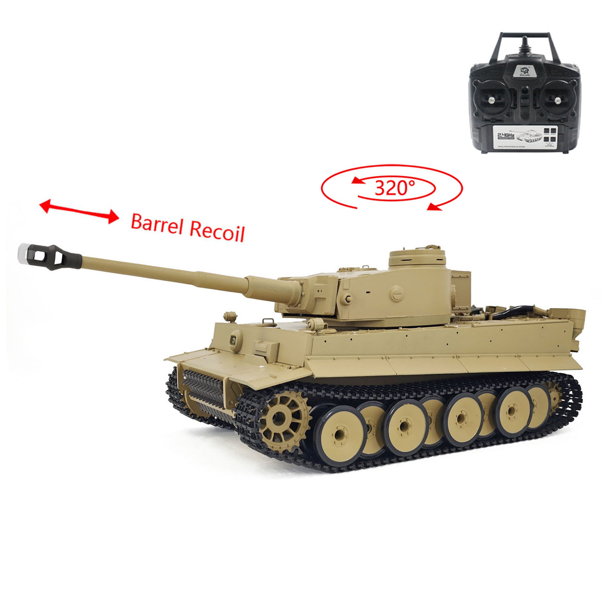 TOUCAN RC HOBBY CoolBank 2.4Ghz 1/16 7.0 Plastic German Tiger I RTR RC Tank 3818 BB IR Barrel Recoil Steel Gearbox 320 Degree Rotating Turret