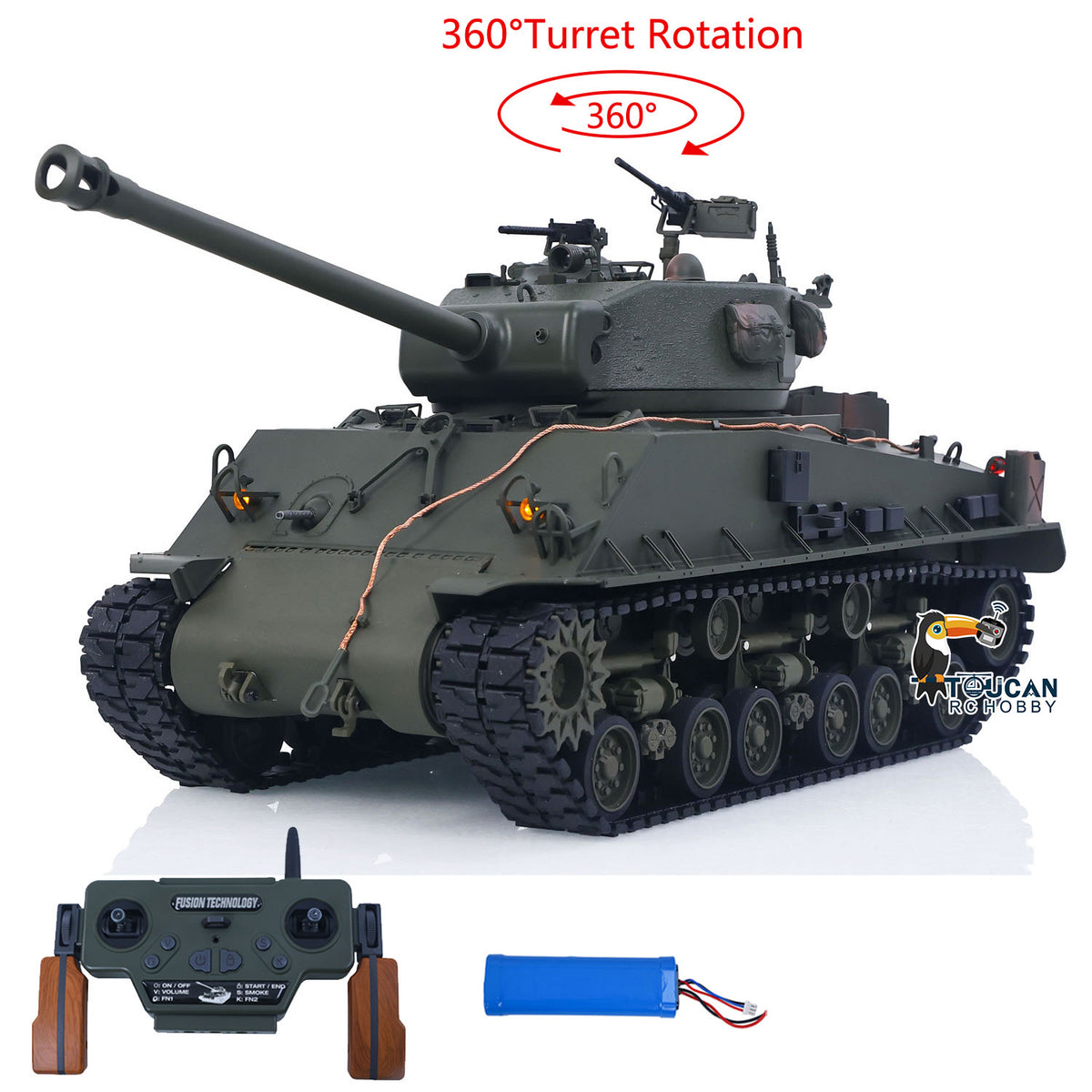 TOUCAN RC HOBBY HHRC US Stock 1/16 Remote Control Tank Sherman M4A3 E8 Fury Barrel IR BB Barrel Elevation Smoke Unit Metal Chassis Road Wheels 360 Rotation