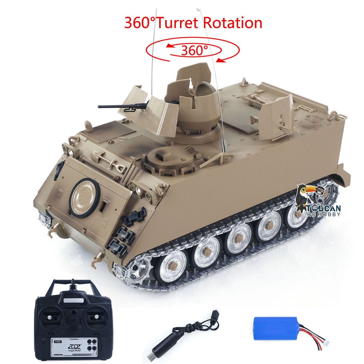 TOUCAN RC HOBBY Tongde Metal 1/16 RC Tank M113A1 Pro Edition Remote Control Electronic 360 Turret Rotation Infrared Combat System Smoke Unit Light Sound Adjustable Tracks Metal Wheels Gearboxes Battery