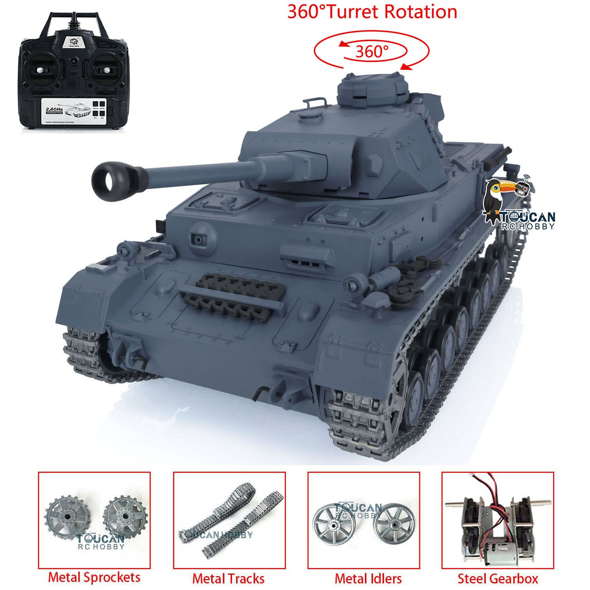 TOUCAN RC HOBBY Heng Long 1/16 TK7.0 Promotion German Panzer IV F2 3859 RTR RC Tank 360 Degrees Turret Smoke Infrared Combat BB Metal Barrel Tracks Sprockets Idlers Wheels