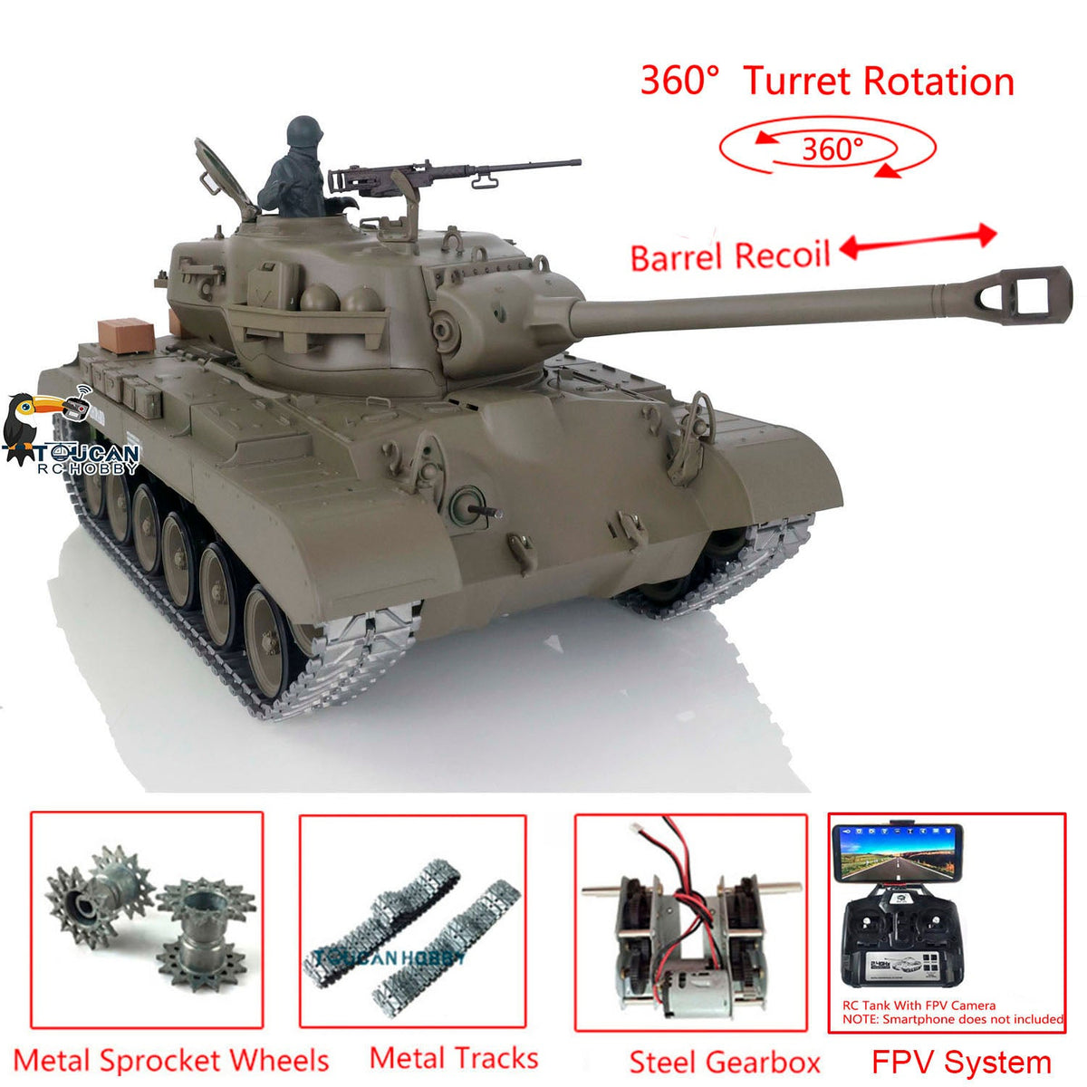 TOUCAN RC HOBBY Heng Long 1/16 TK7.0 Promotion 3838 M26 Pershing RTR RC Tank FPV BB IR 360 Degrees Turret Smoke Metal Tracks Sprockets Steel Gearbox Model