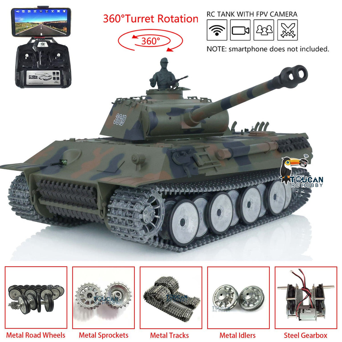 TOUCAN RC HOBBY US Stock Heng Long 1/16 TK7.0 German Panther RTR RC Tank 3819 FPV 360 Degrees Turret BB IR Smoke Metal Barrel Tracks Sprockets Idlers Road Wheels