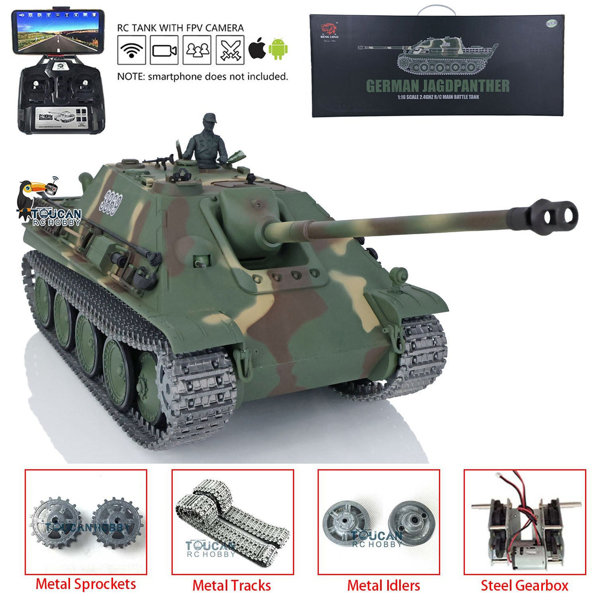 TOUCAN RC HOBBY Heng Long 1/16 TK7.0 Promotion German Jadpanther 3869 RTR RC Tank FPV Infrared Combat Smoke BB Unit Metal Sprockets Idlers Wheels Tracks Steel Gearbox