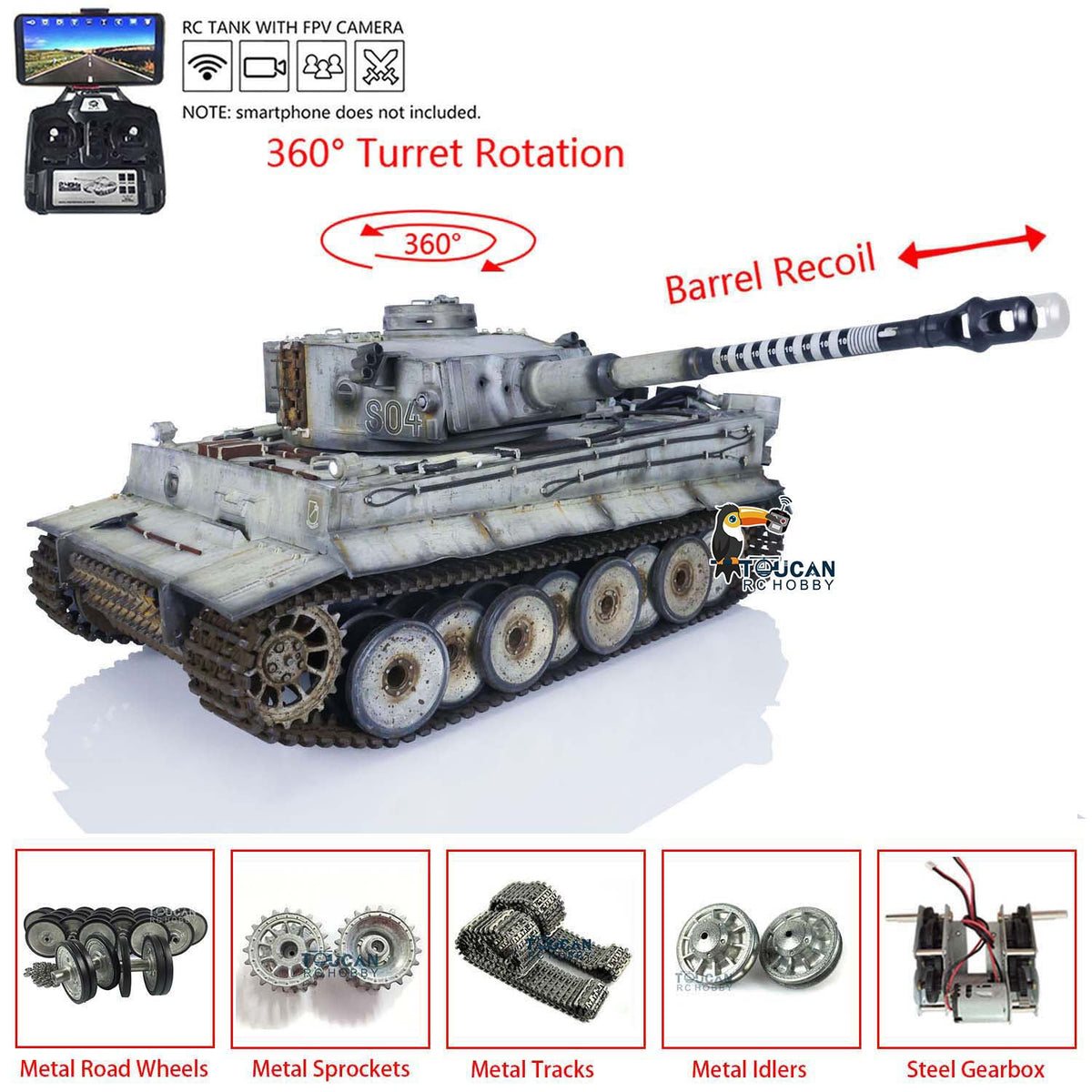 TOUCAN RC HOBBY Heng Long 1/16 TK7.0 3818 Tiger I RTR RC-Panzer FPV 360-Grad-Turm Rohr-Rücklauf Rauch Metallketten Antriebs- und Leiträder Laufrollen handlackiert
