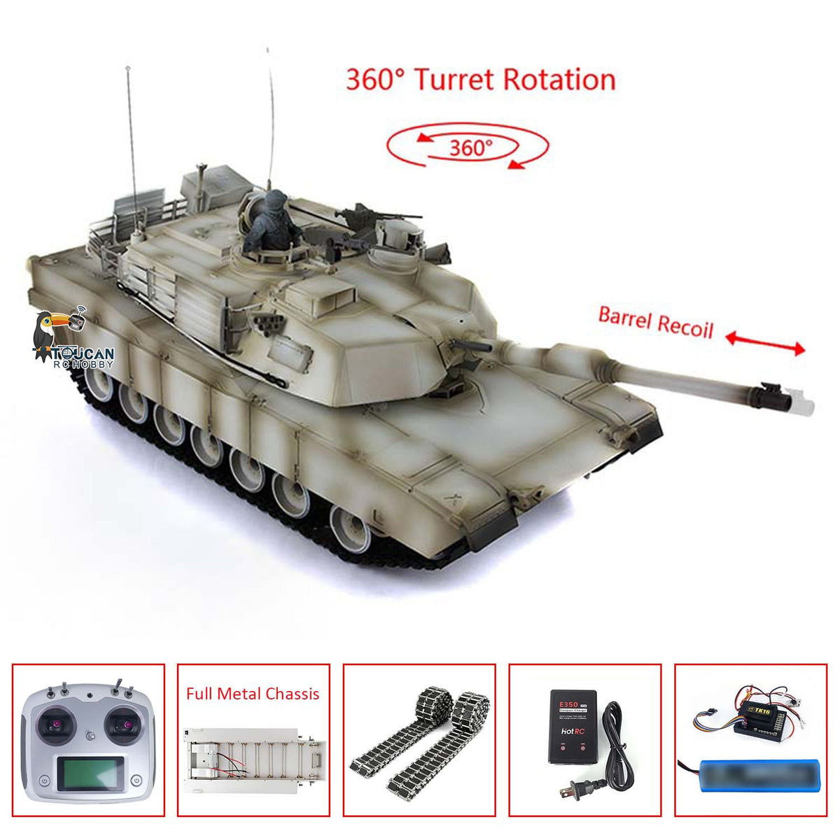 TOUCAN RC HOBBY Heng Long 1/16 RTR RC Tank 3918 M1A2 Abrams Full Metal Painted Chassis TK16 Mainboard IR Ver Smoke Upper Hull FS I6S 360 Turret