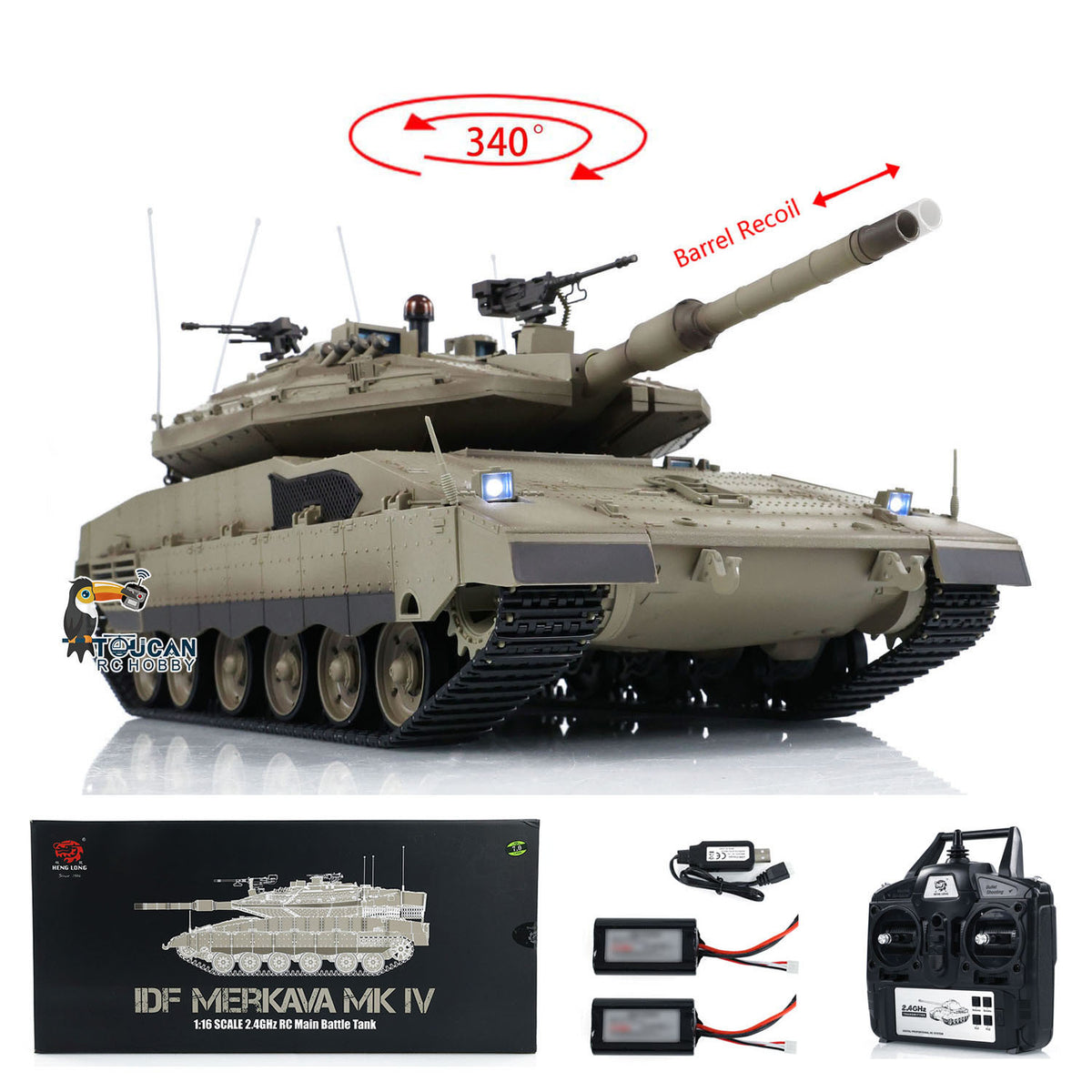 TOUCAN RC HOBBY Heng Long 1/16 RC Kampfpanzer IDF Merkava IV 3958 ferngesteuerter Militärpanzer Infrarot-Kampf BB-Schussfunktion Rauch zwei Akkus