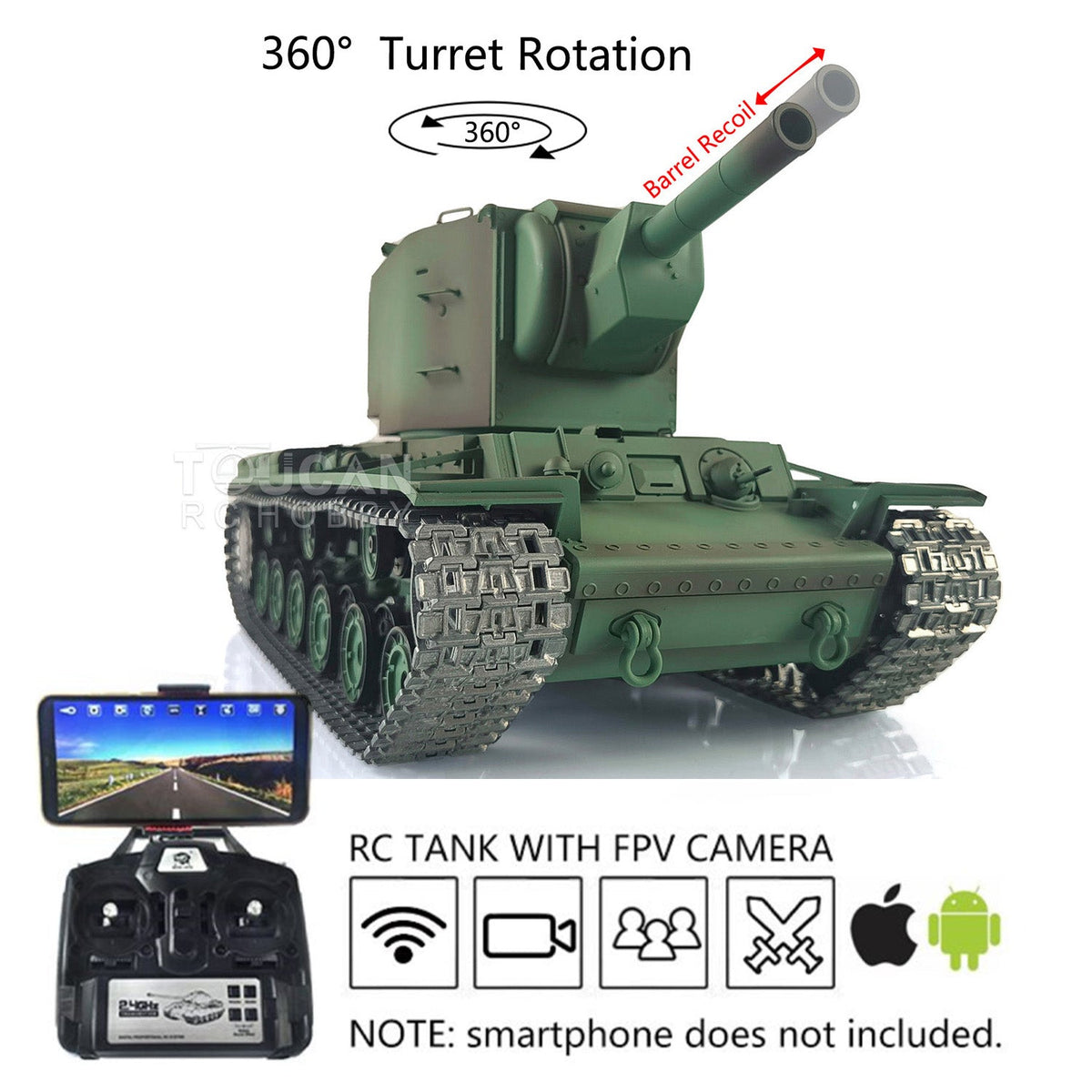 TOUCAN RC HOBBY Heng Long 1/16 TK7.0 Soviet KV-2 RTR RC Tank 3949 FPV 360 Degrees Turret Barrel Recoil BB IR Metal Sprockets Idlers Road Wheels Tracks Gearbox
