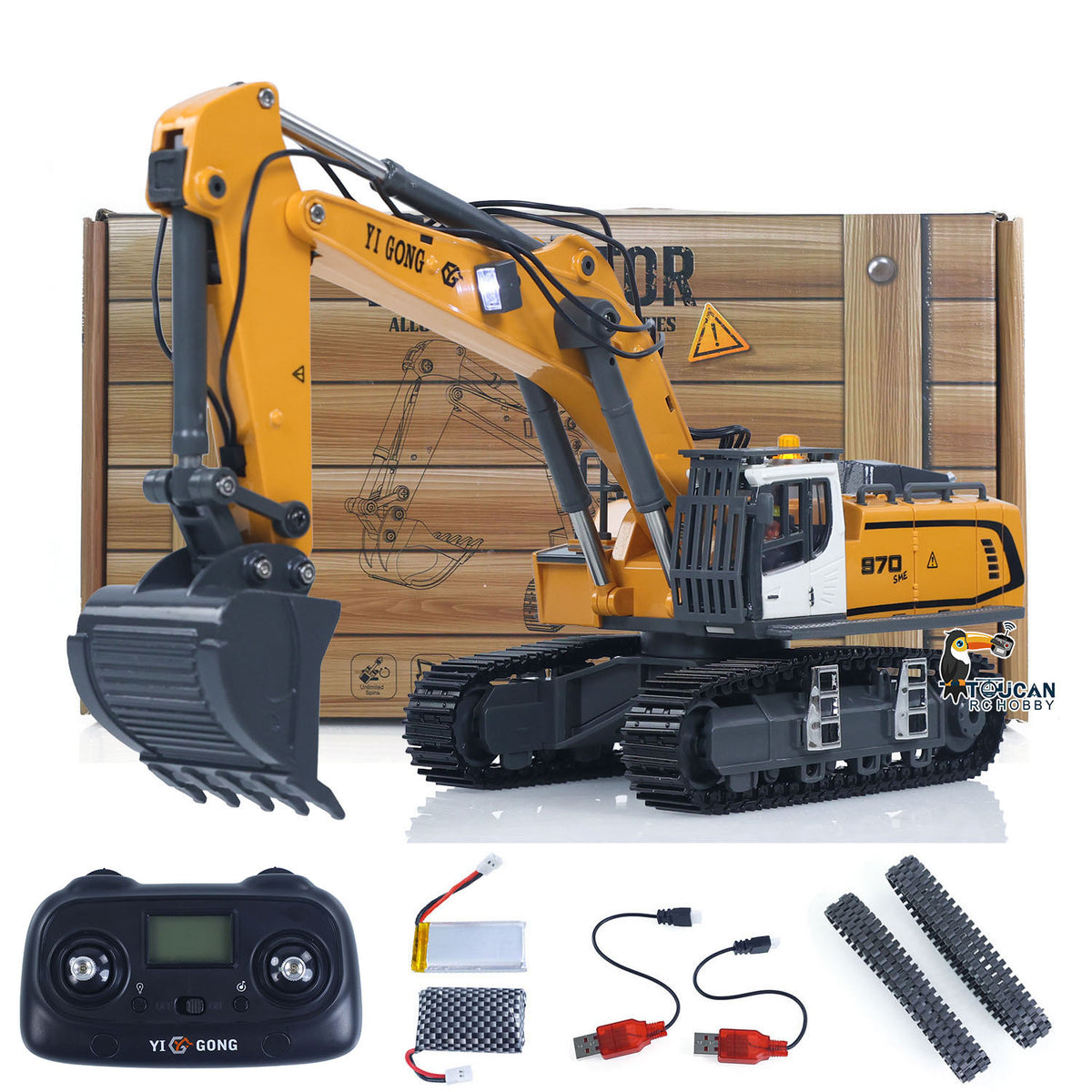 TOUCAN RC HOBBY Yi Gong 1/50 Plastic RC Excavator K970 Mini Electric Lifting Digger RTR Metal Tracks Bucket N20S Motor Lights Sound Remote Control Battery Collectible