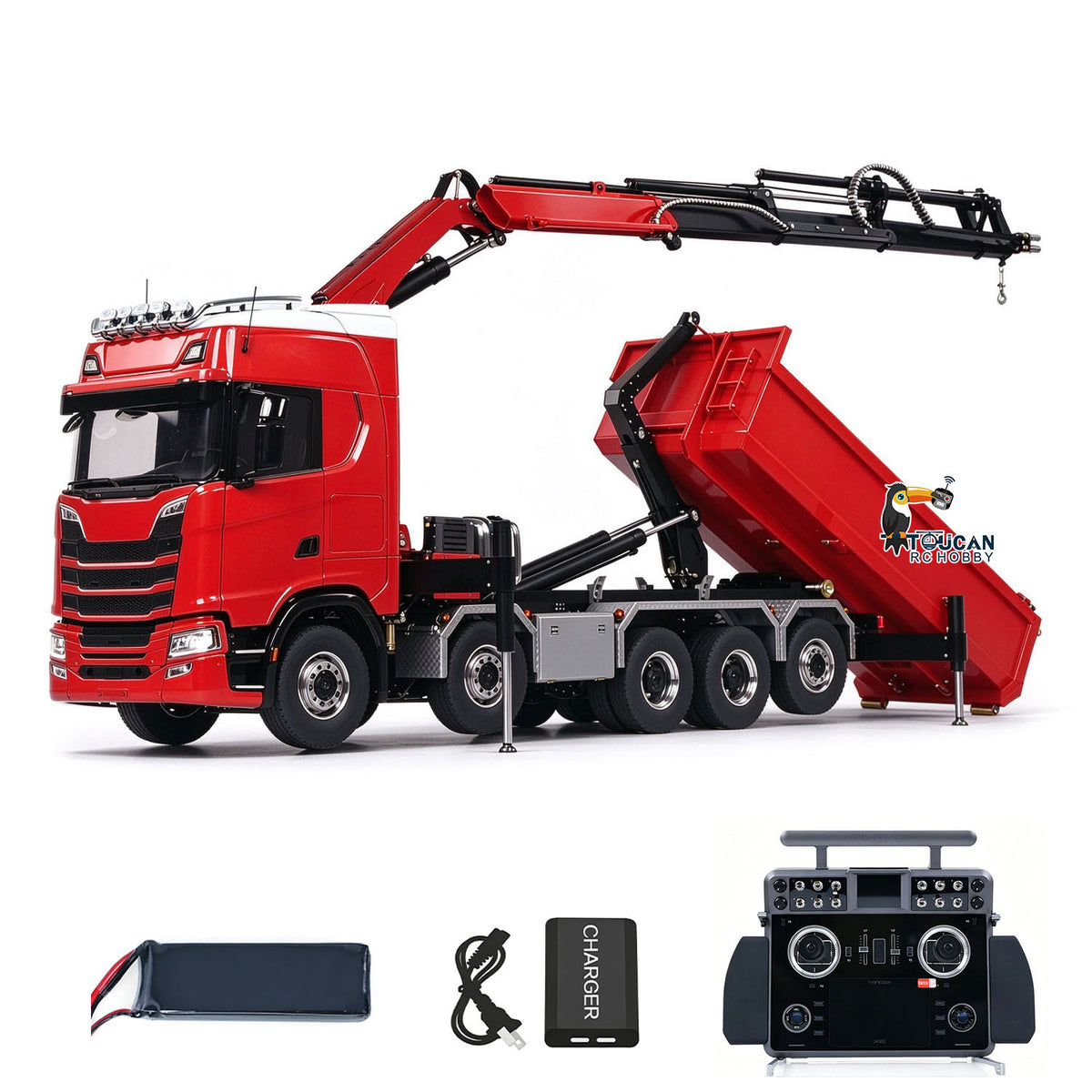 TOUCAN RC HOBBY LXY 770S Metal 1/14 10x10 RC Hydraulic Crane Full Dump Truck Lorry Car Frsky XE Lite Light Sound Painted Model