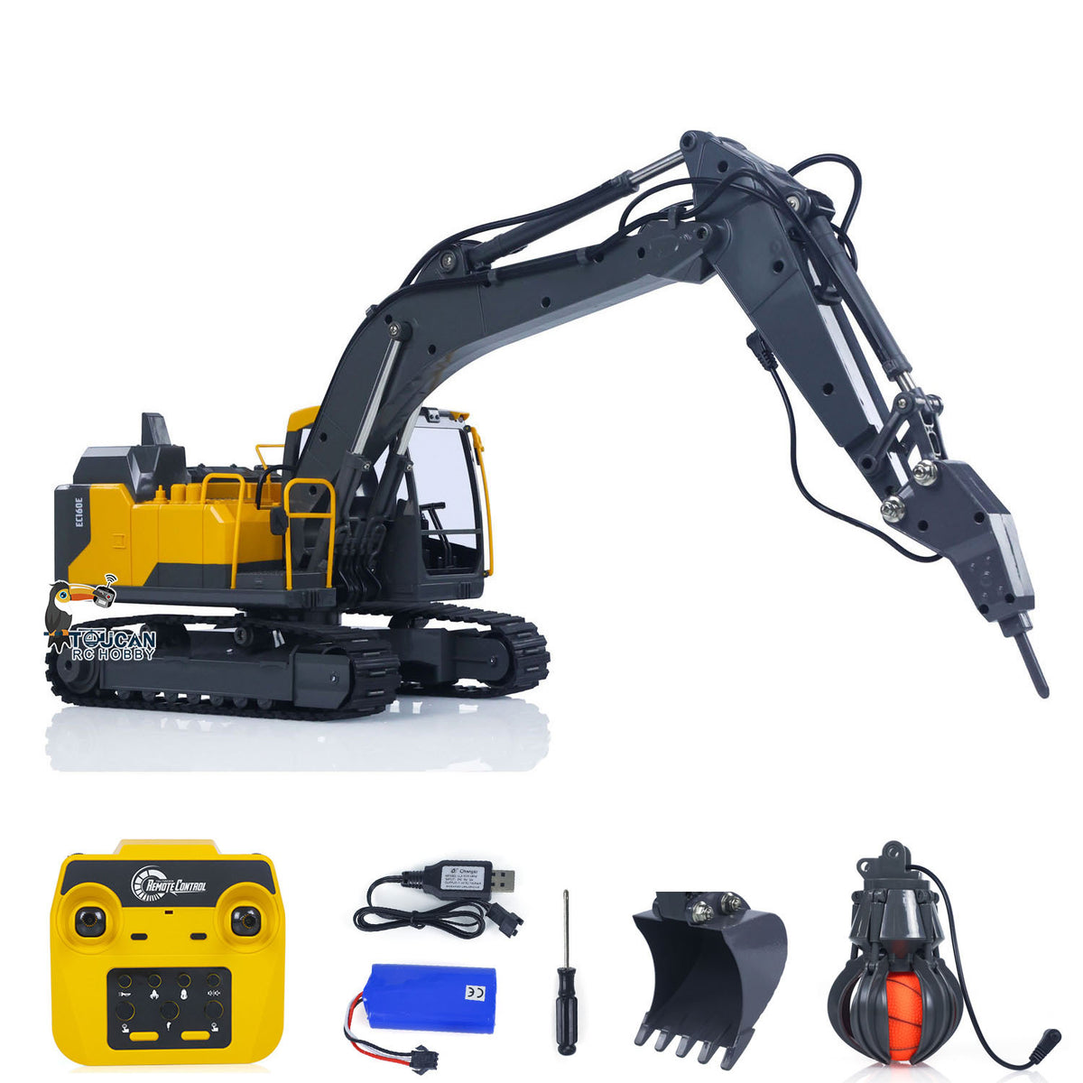 TOUCAN RC HOBBY 1/16 Double E E598 003 Electric Lifting RC Excavator Metal 2Arms Remote Control Digger Hammer Bucket Claw 360 Degrees Rotating