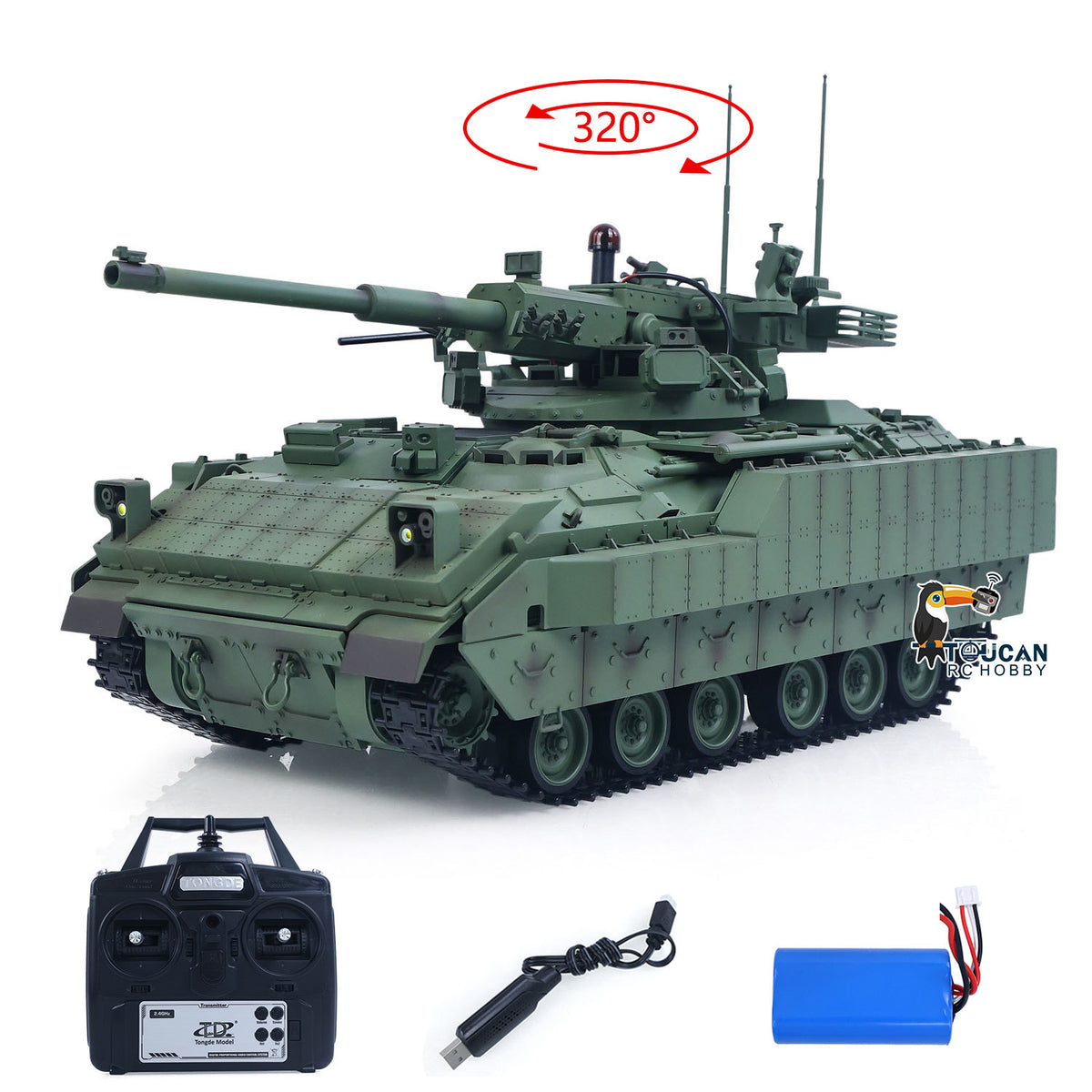 TOUCAN RC HOBBY Tongde 1/16 Remote Control Tank Model M2128 Bradley Infrared System 320 Degree Rotation Turret Light Sounds Battery Ready to Run