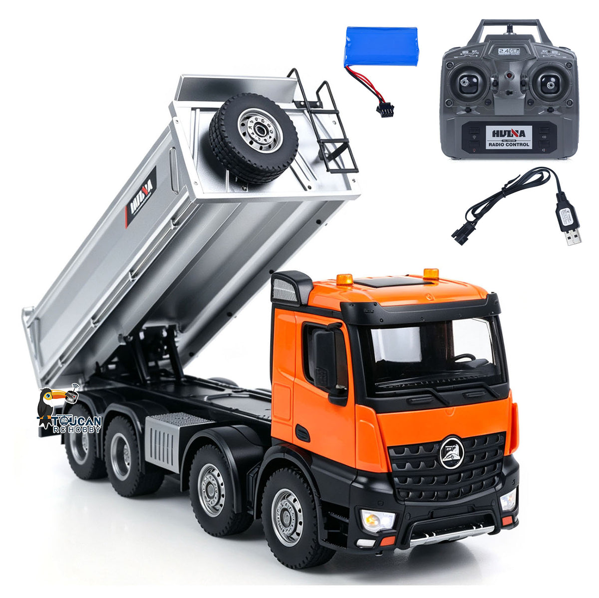 TOUCAN RC HOBBY HUINA 1/14 Metal Remote Control Dump Truck 1536-1 8X4 Electric Lifting RC Tipper Finished Model RTR Light Sound Effects Battery