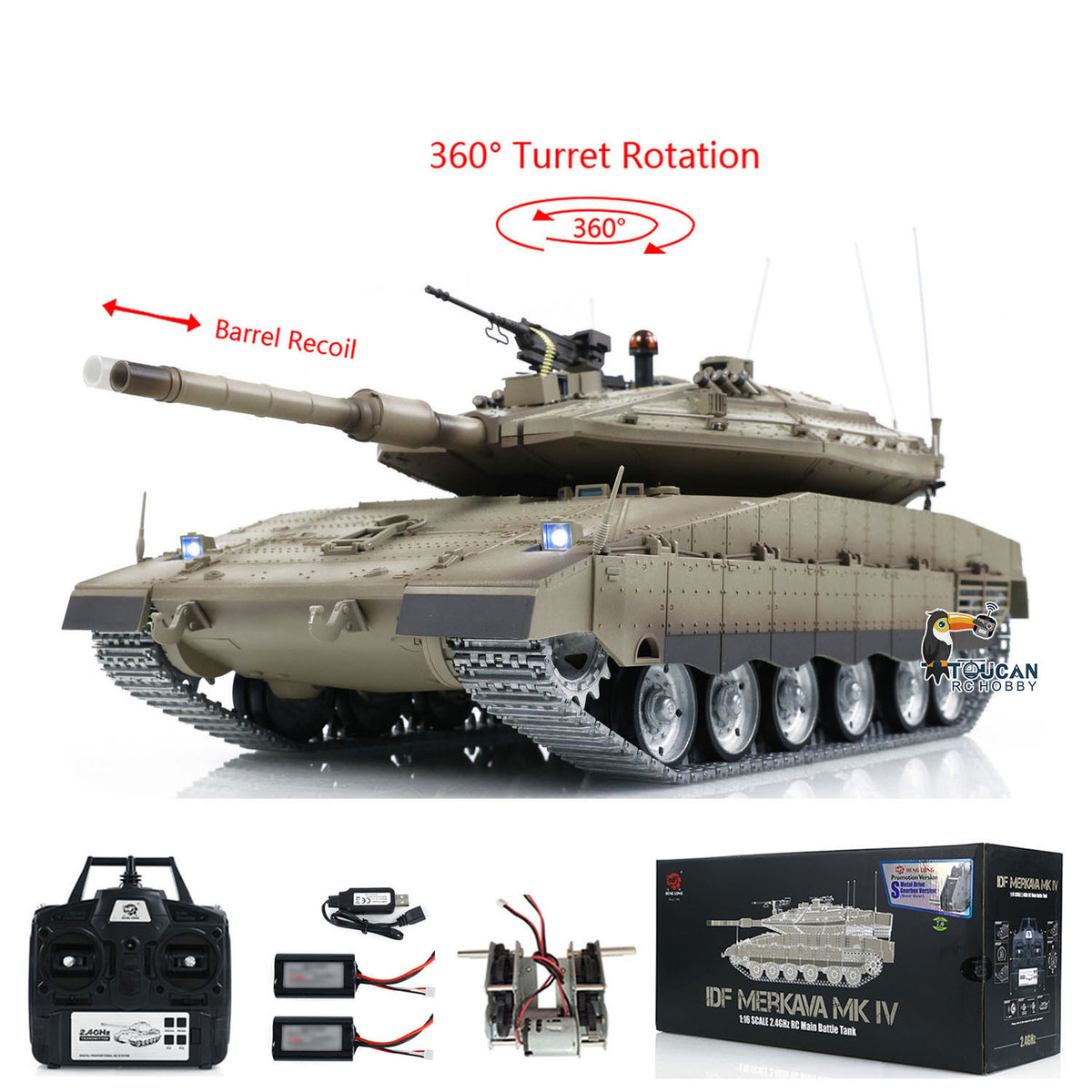 TOUCAN RC HOBBY Heng Long 1/16 RC Tank IDF Merkava MK IV 3958 Remote Control Battle Tank Metal Wheels Tracks Gearbox 360??Turret Smoke 2 Battery