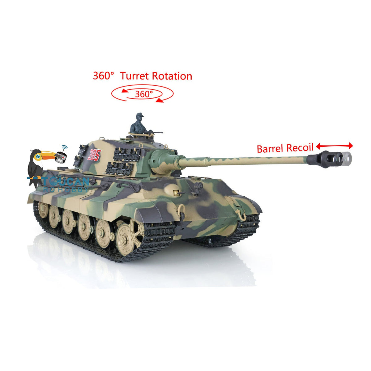 TOUCAN RC HOBBY Heng Long 1/16 TK7.0 Plastic 3888A German King Tiger RRT RC Tank with 360 Degrees Turret Sound Light Smoke BB Infrared Combat
